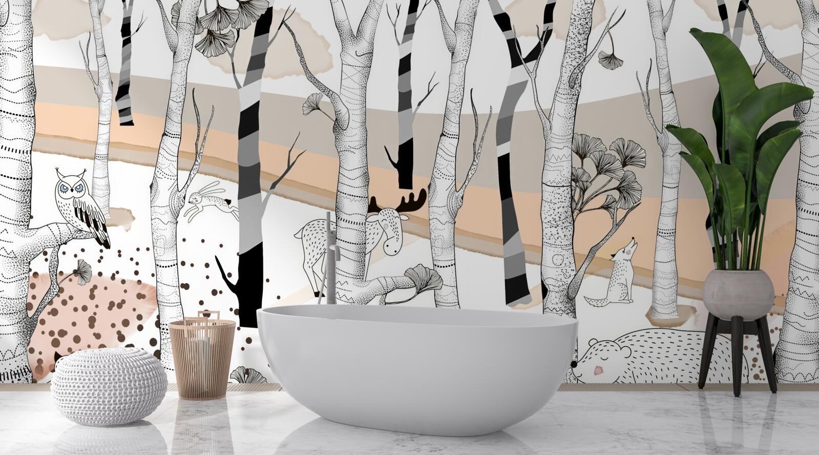 Papier peint a représenté des animaux parmi les arbres