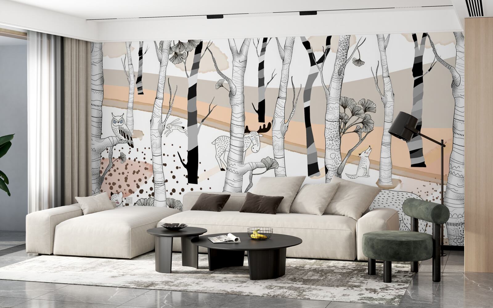 Papier peint a représenté des animaux parmi les arbres