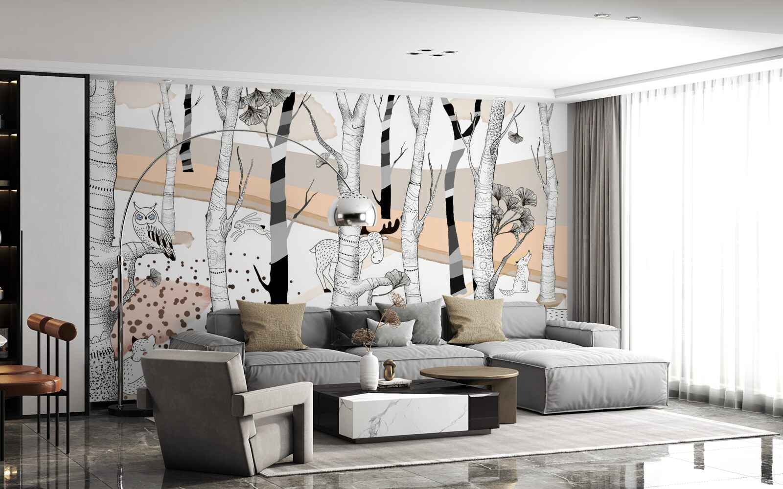 Papier peint a représenté des animaux parmi les arbres