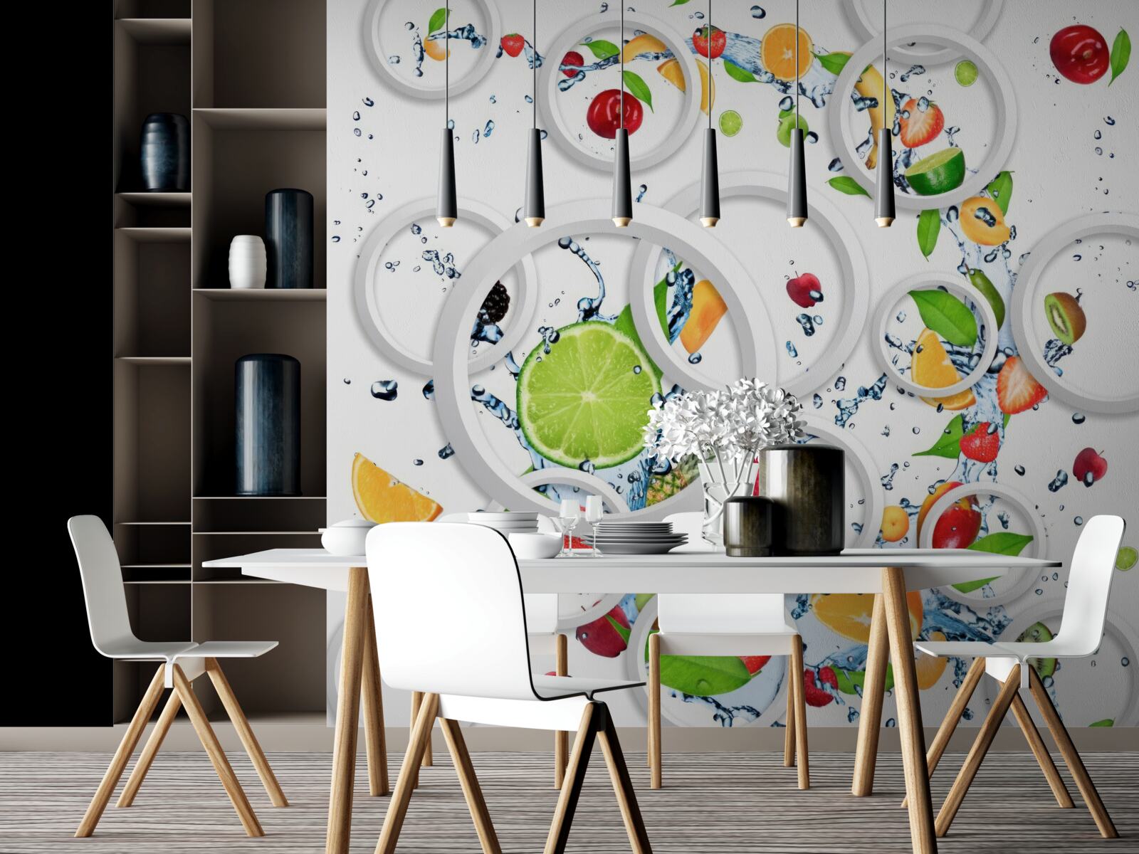 Papier peint cercles blancs et fruits en tranches