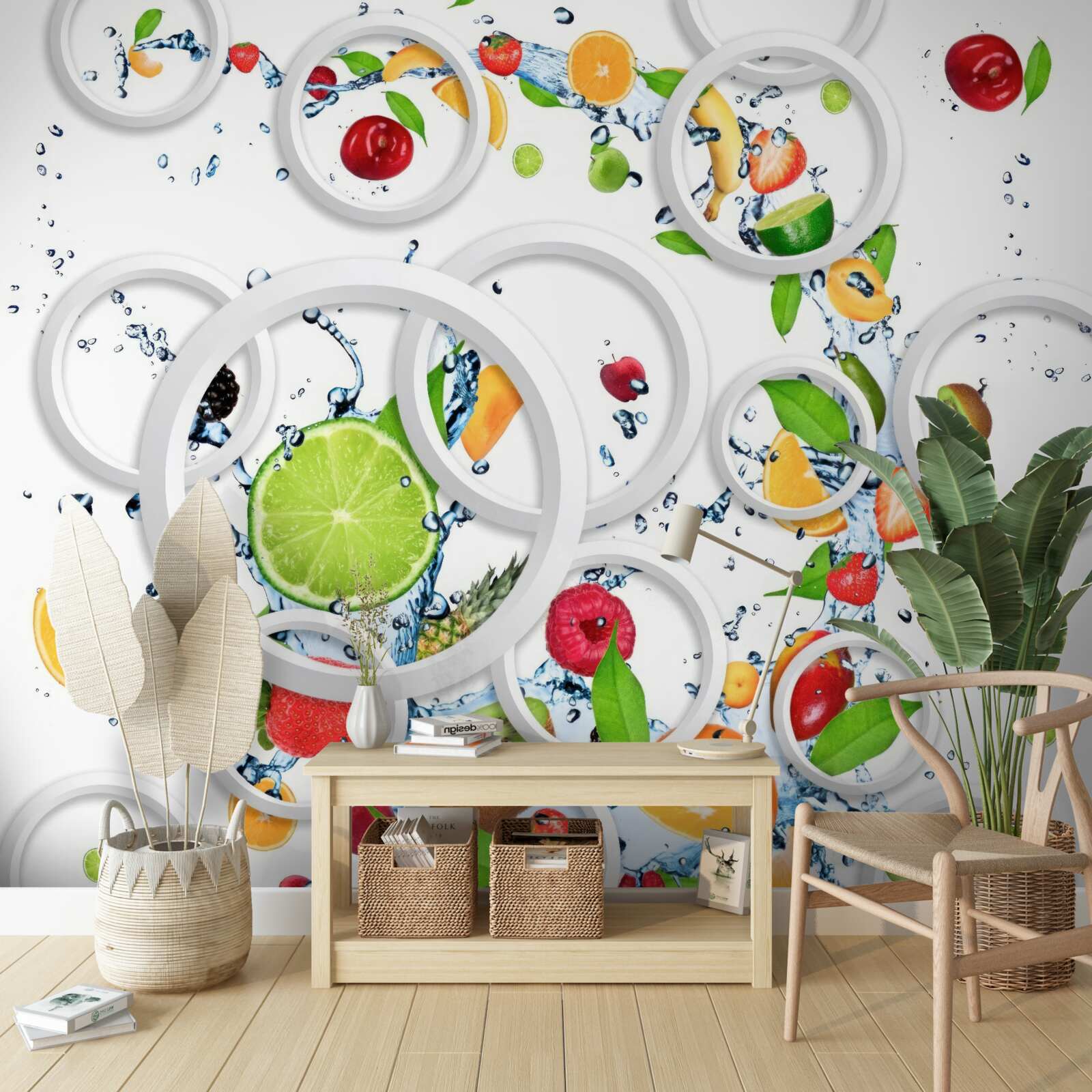 Papier peint cercles blancs et fruits en tranches