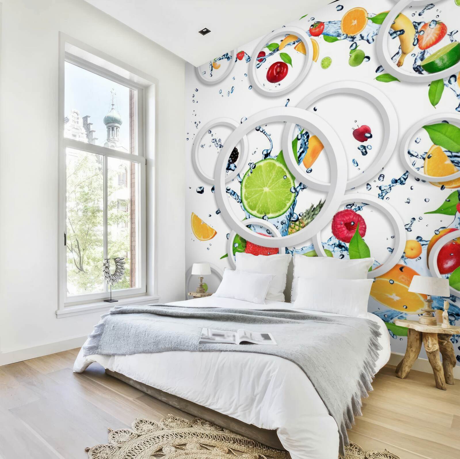 Papier peint cercles blancs et fruits en tranches