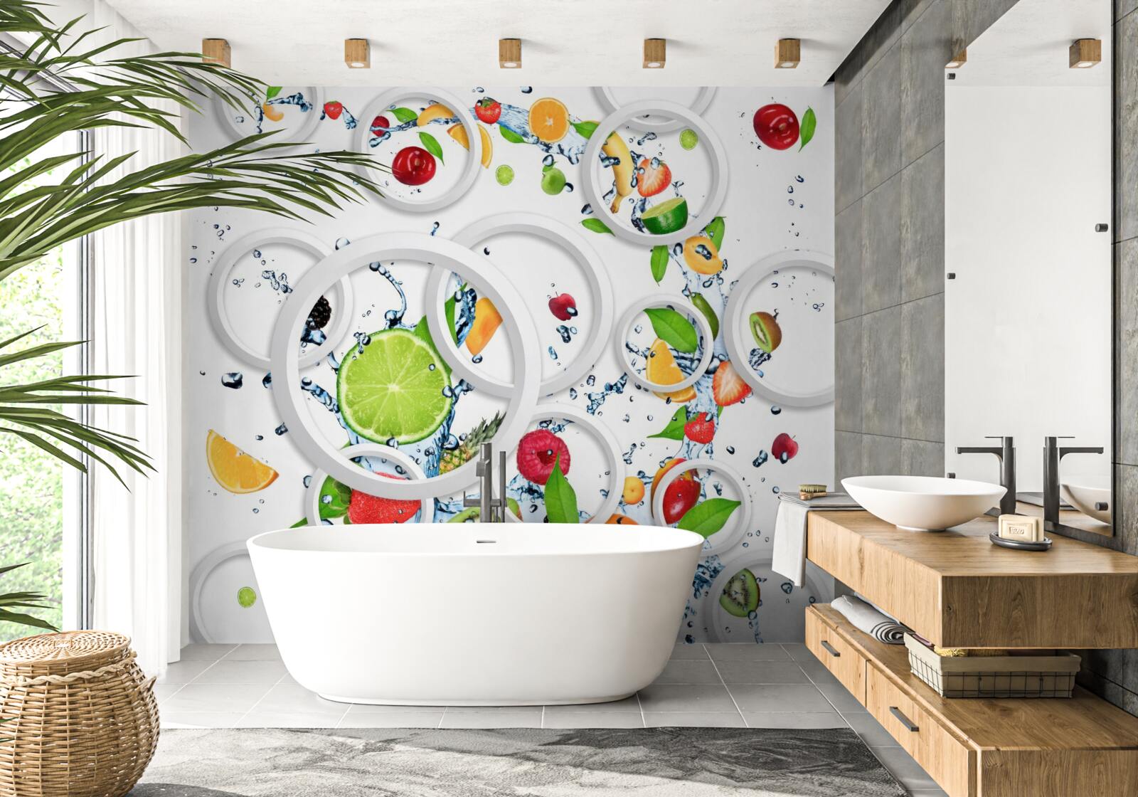 Papier peint cercles blancs et fruits en tranches