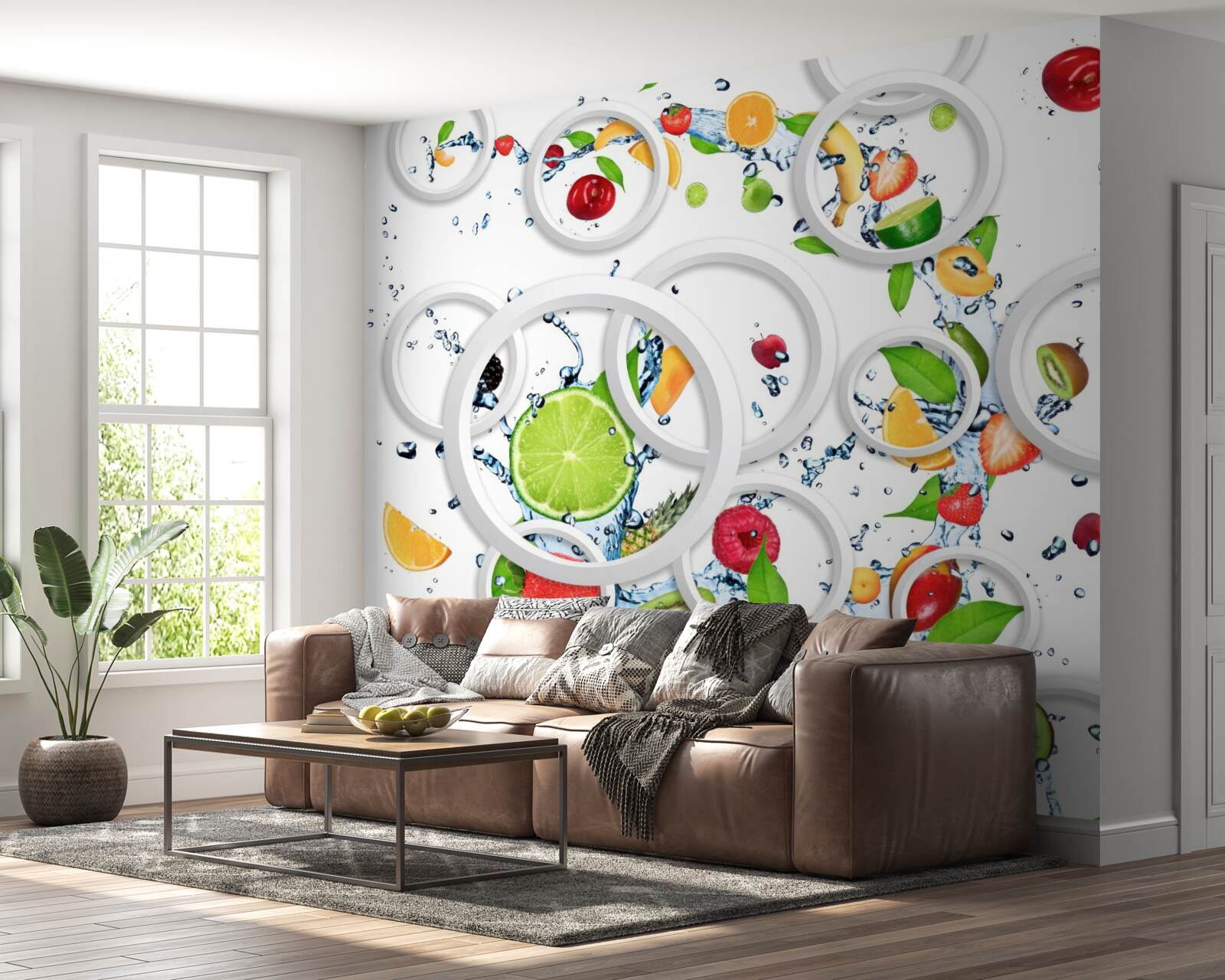 Papier peint cercles blancs et fruits en tranches