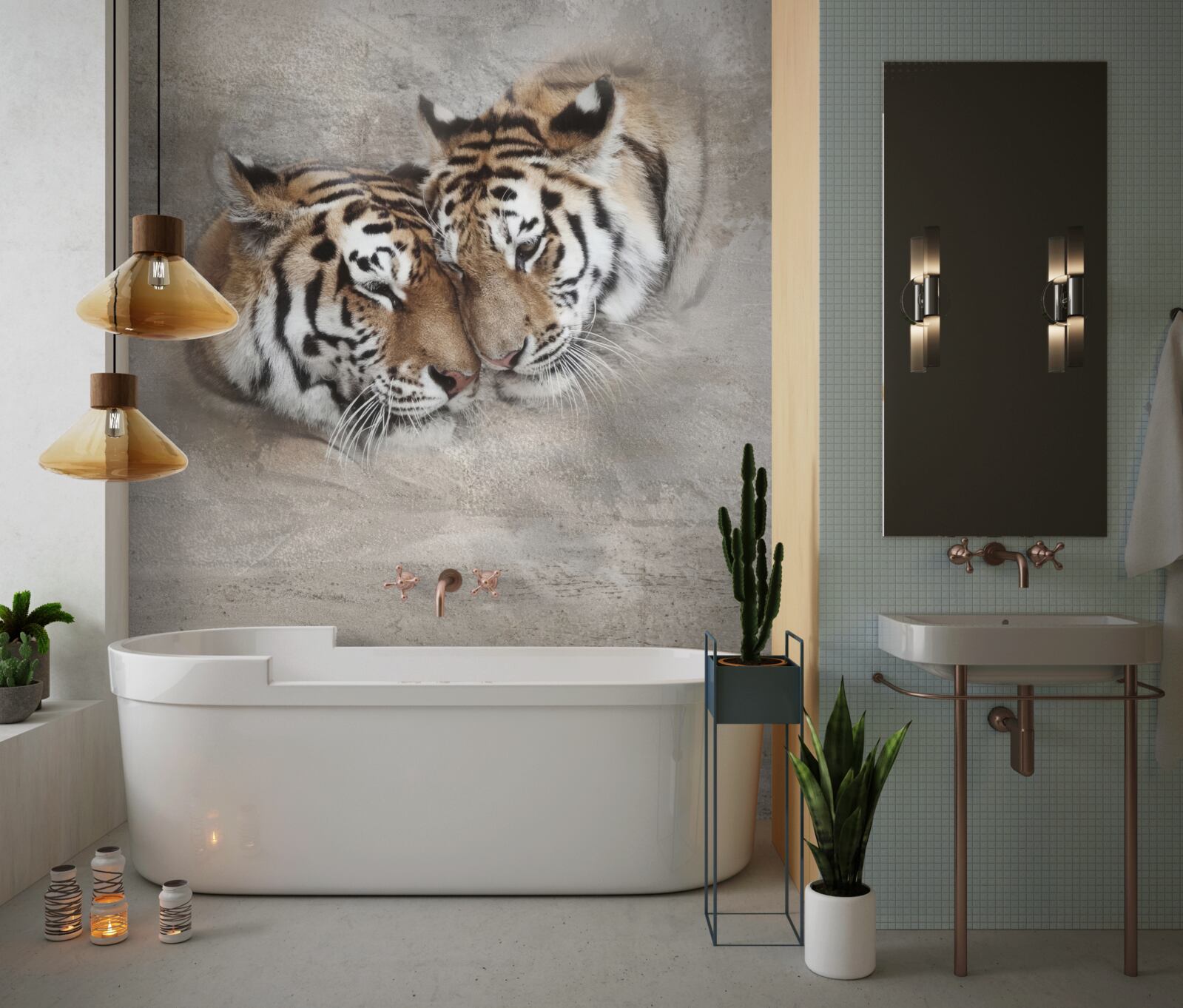 Papier peint deux tigres s'accrochent l'un à l'autre