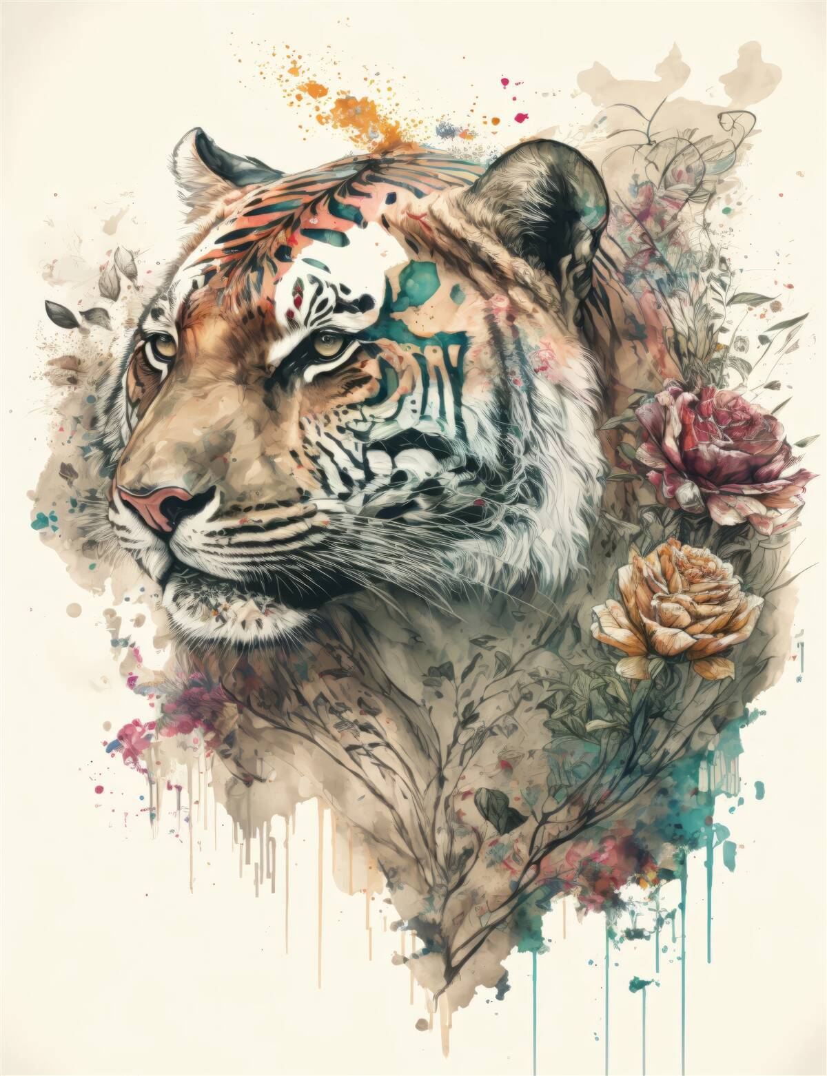 Papier peint tigre parmi les fleurs