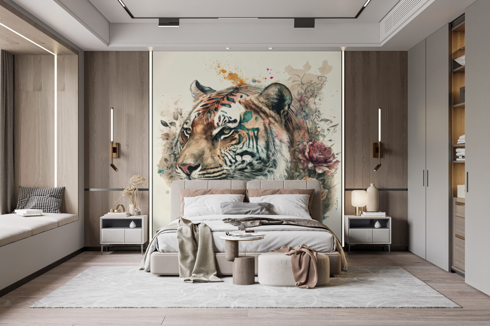 Papier peint tigre parmi les fleurs