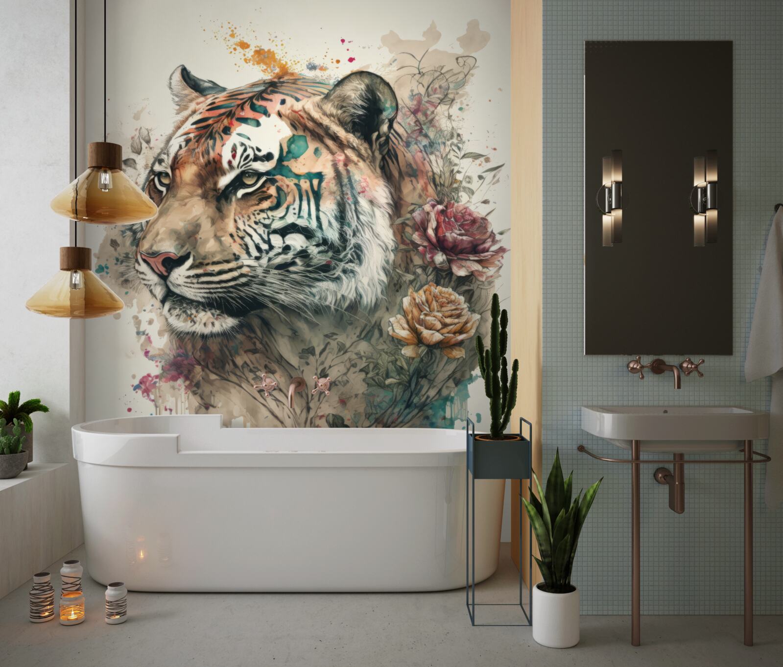 Papier peint tigre parmi les fleurs