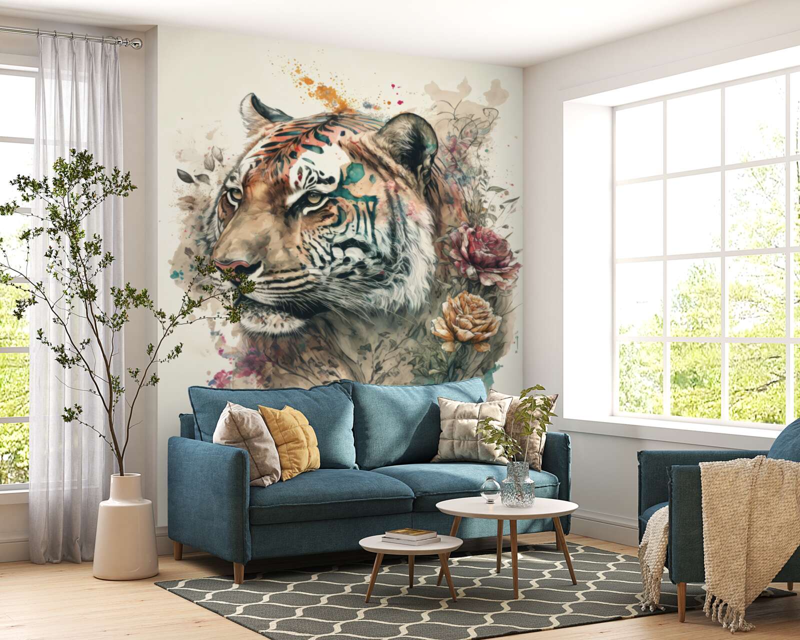 Papier peint tigre parmi les fleurs