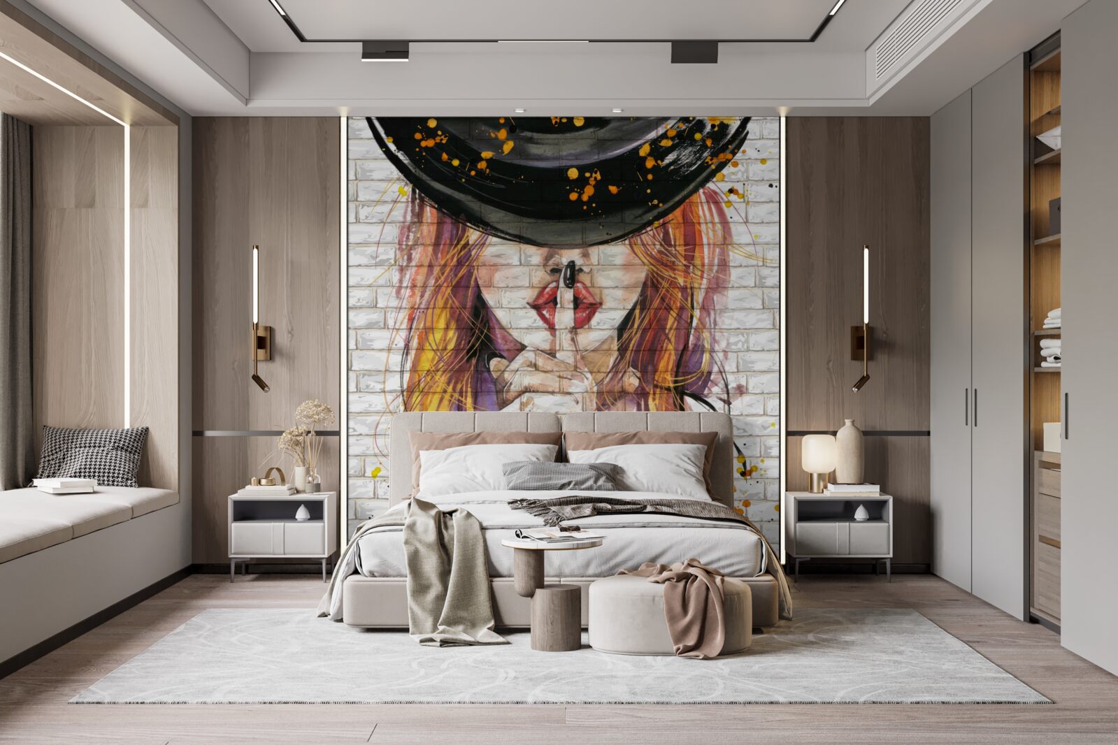 Papier peint la fille au chapeau se couvre la bouche avec son doigt