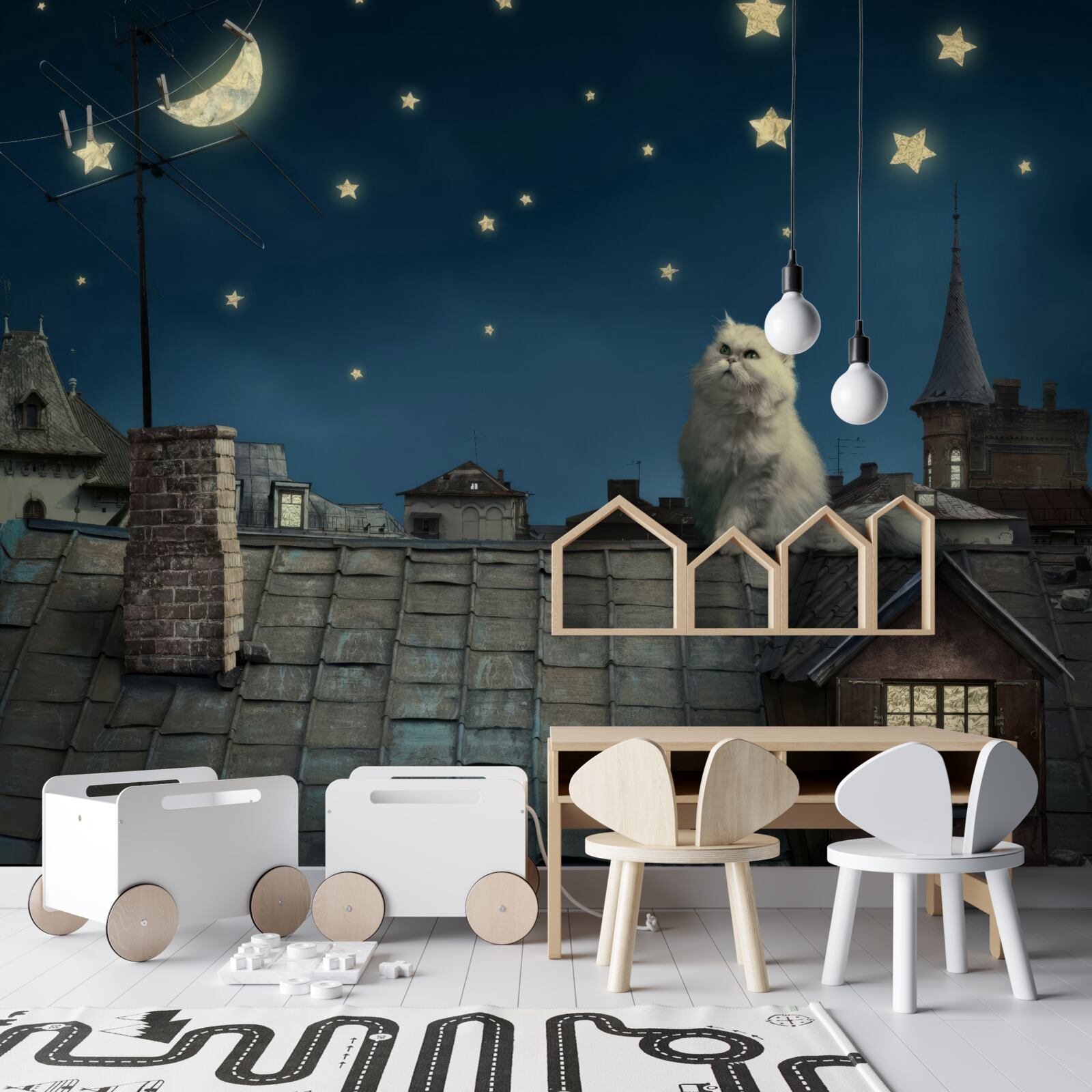 Papier peint sur le toit, un chat blanc admire les étoiles