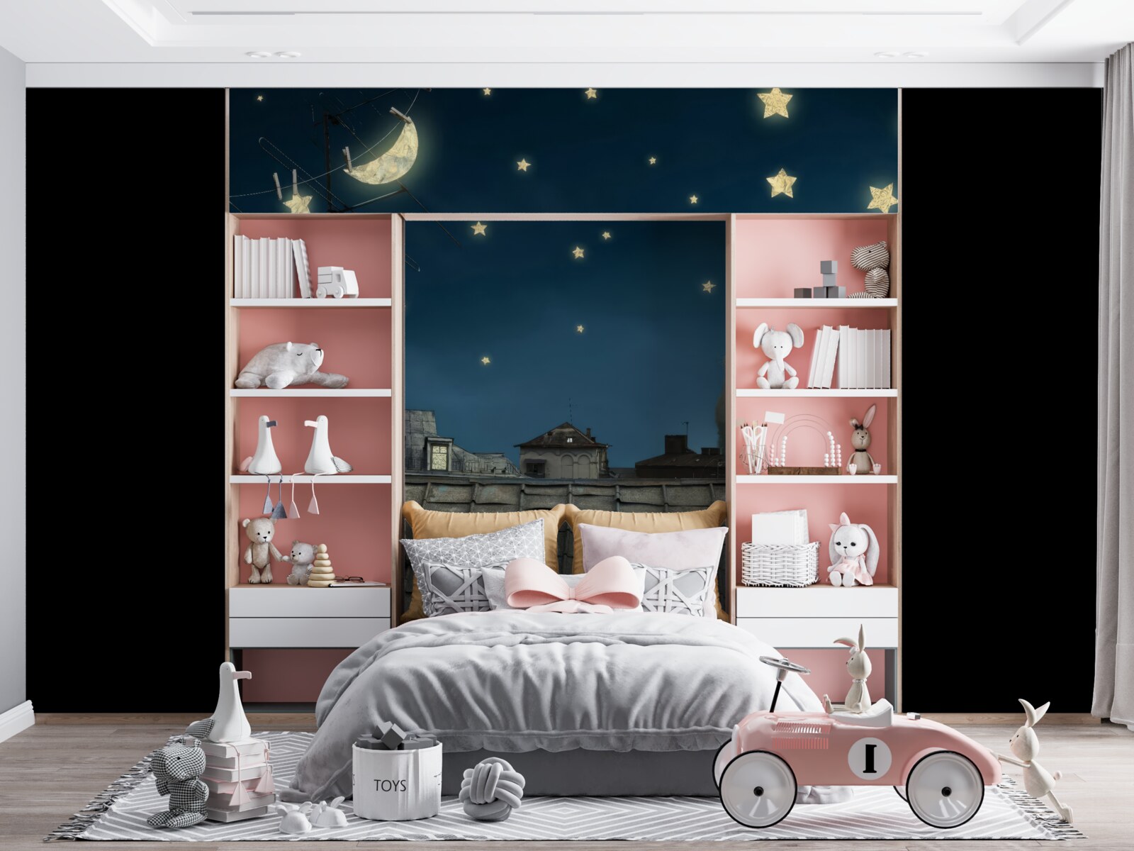 Papier peint sur le toit, un chat blanc admire les étoiles