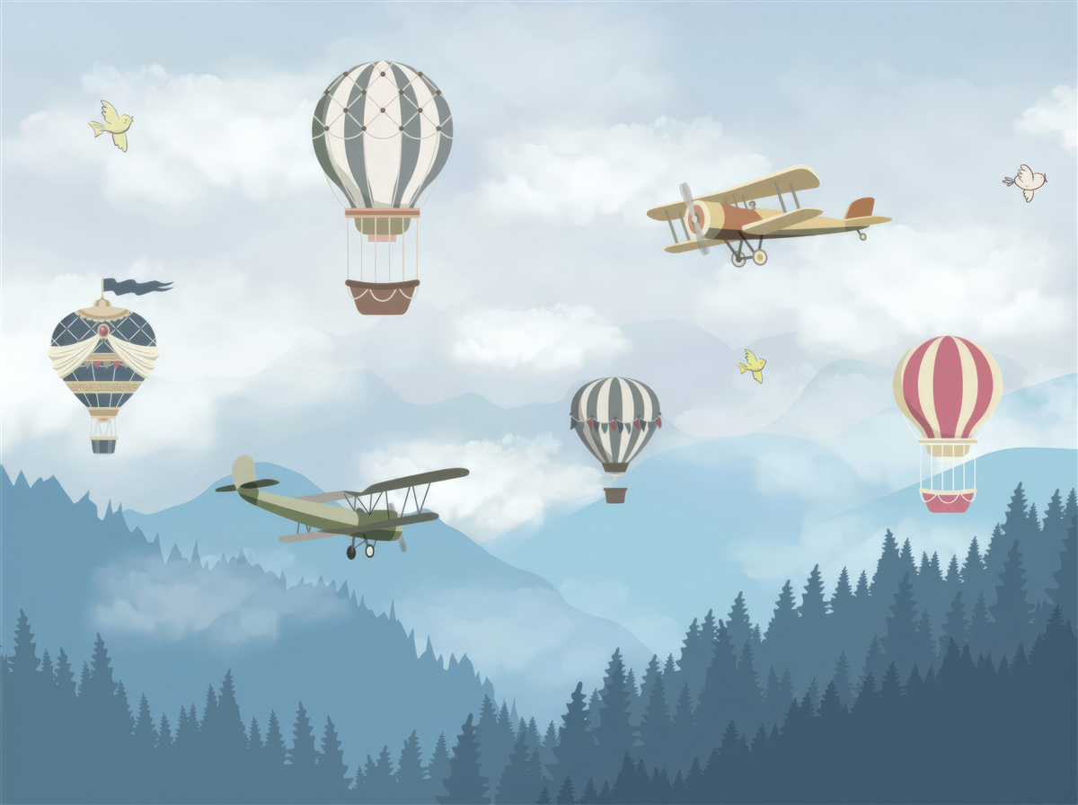 Papier peint des ballons et des avions survolent les sommets des montagnes