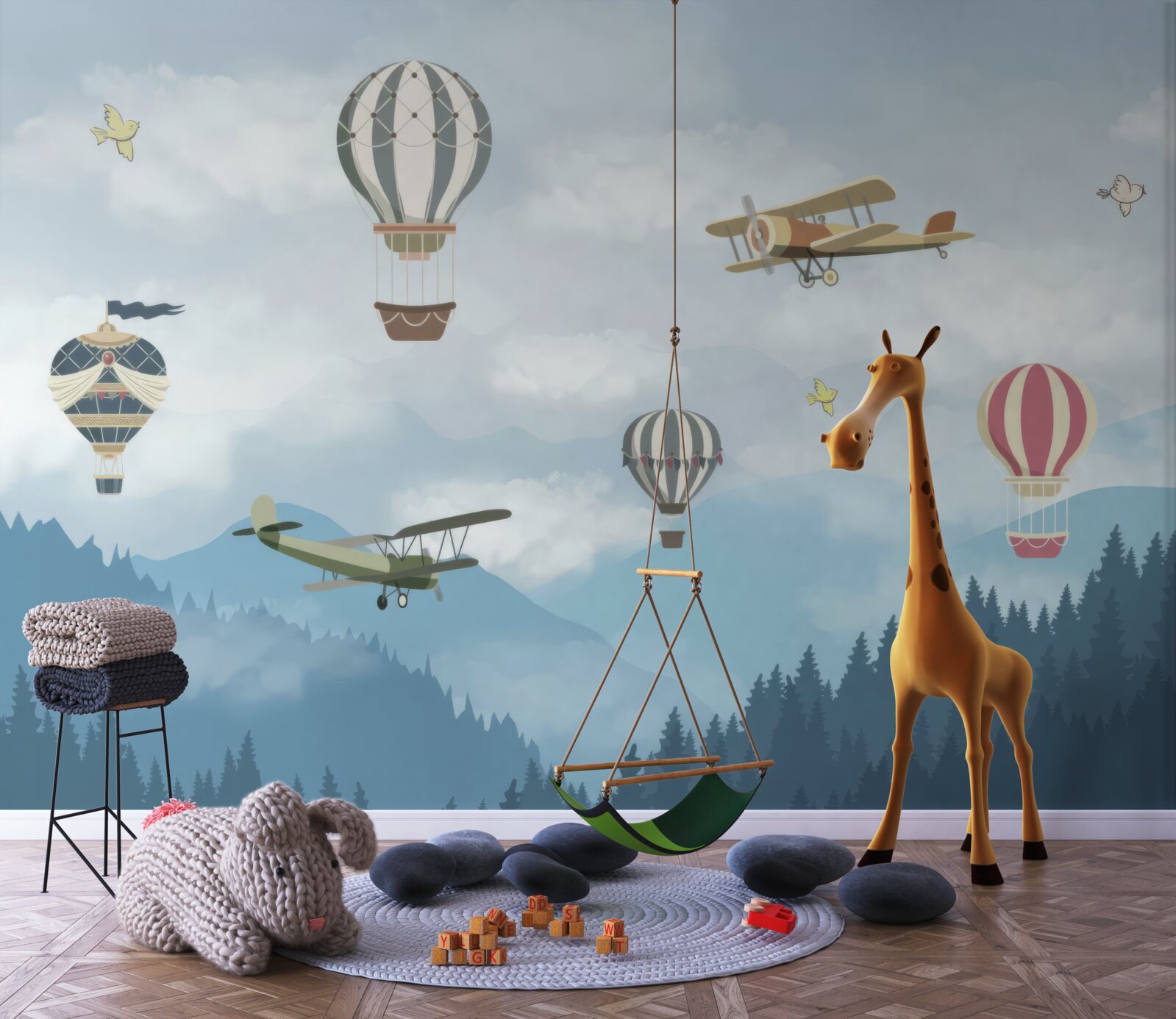 Papier peint des ballons et des avions survolent les sommets des montagnes