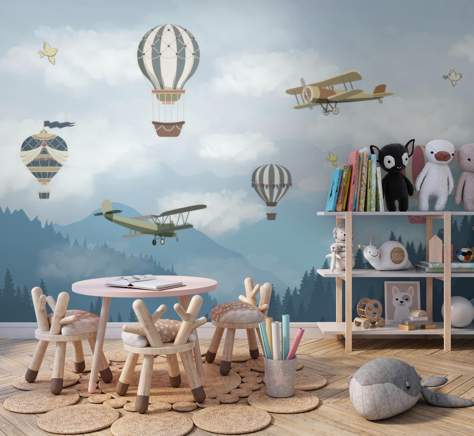 Papier peint des ballons et des avions survolent les sommets des montagnes