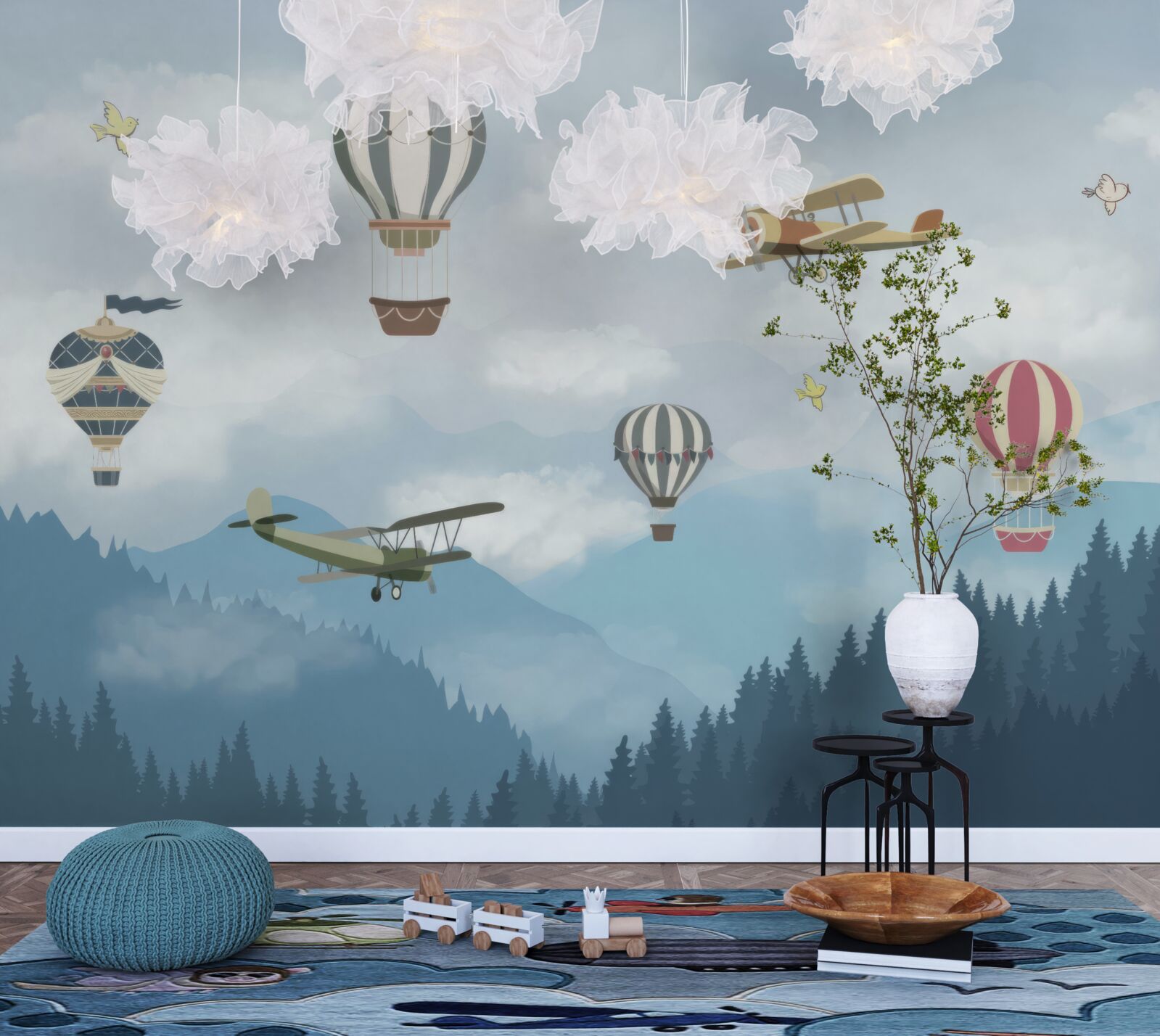 Papier peint des ballons et des avions survolent les sommets des montagnes