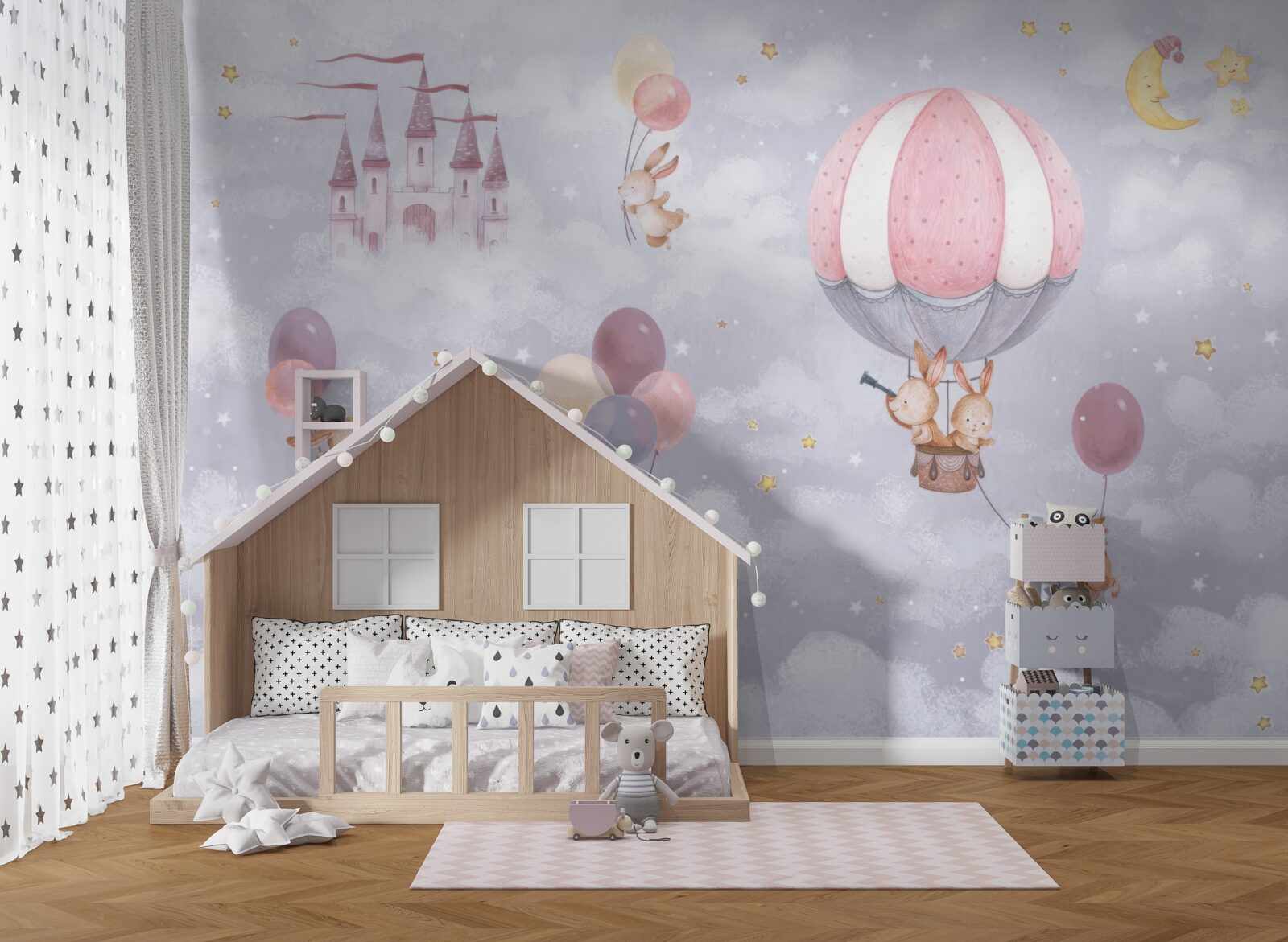 Papier peint les lapins volent dans des ballons