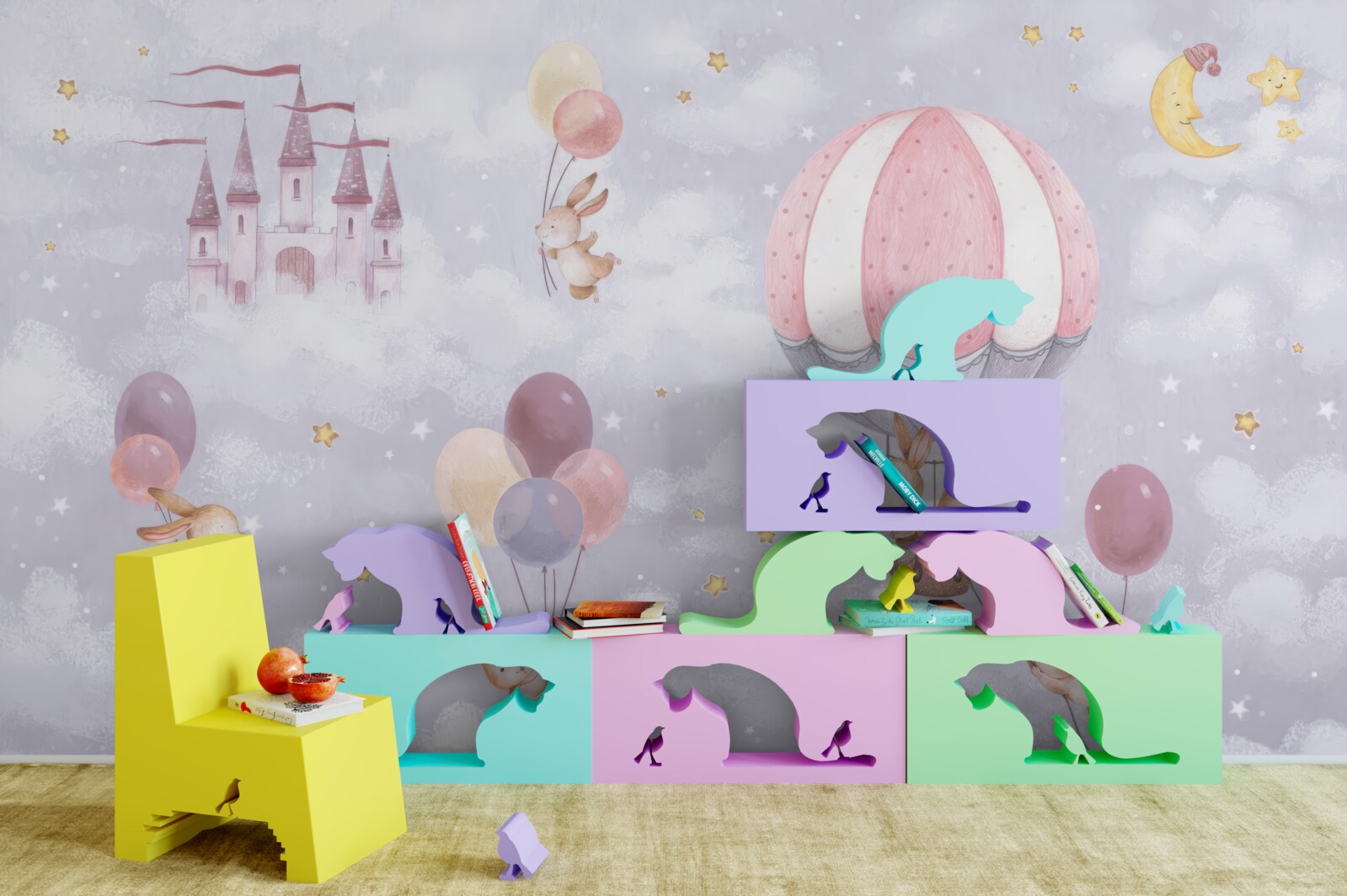 Papier peint les lapins volent dans des ballons