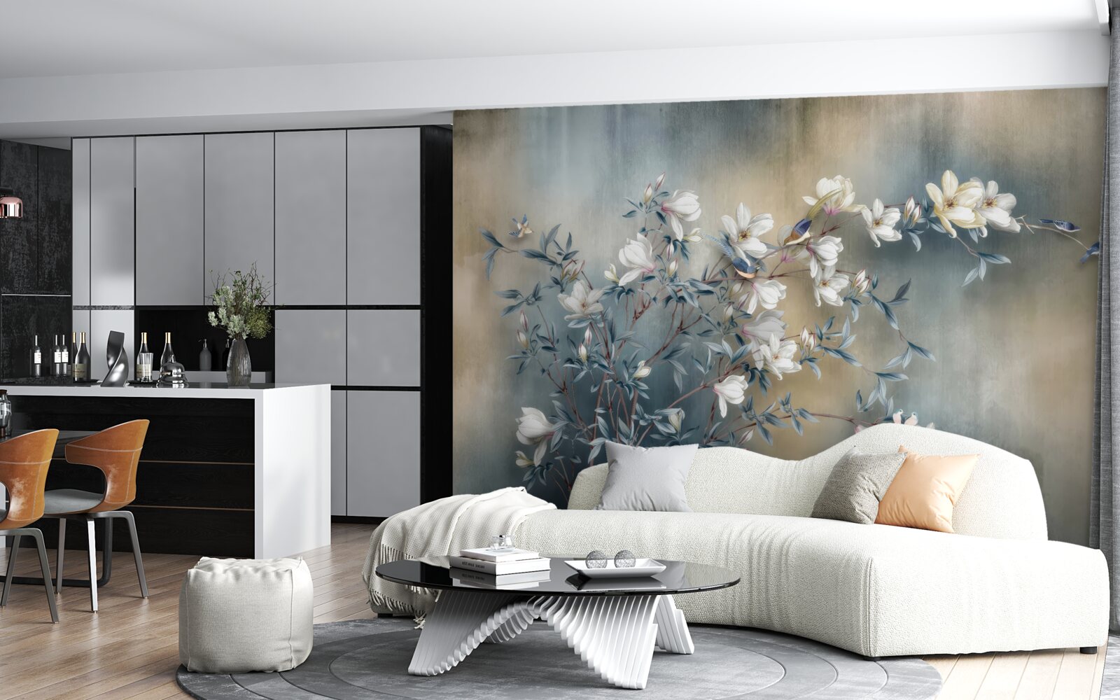 Papier peint branche couverte de fleurs blanches