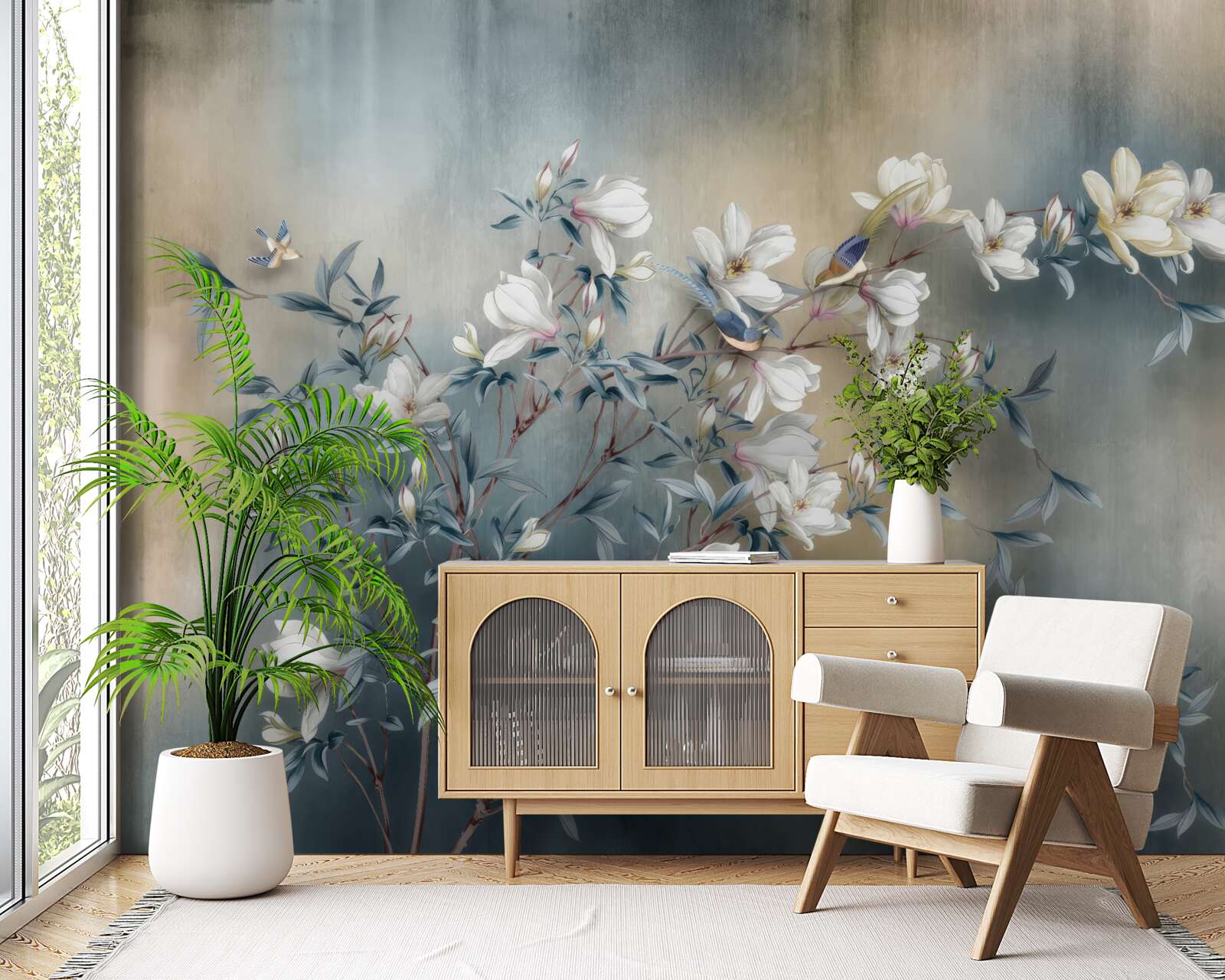 Papier peint branche couverte de fleurs blanches