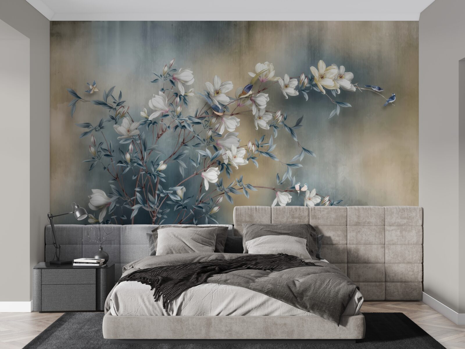 Papier peint branche couverte de fleurs blanches