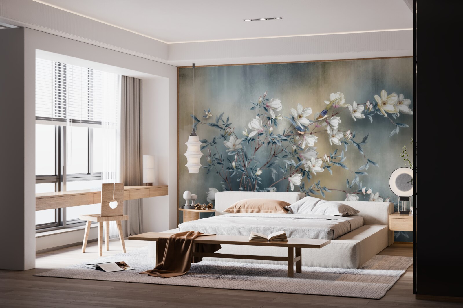 Papier peint branche couverte de fleurs blanches