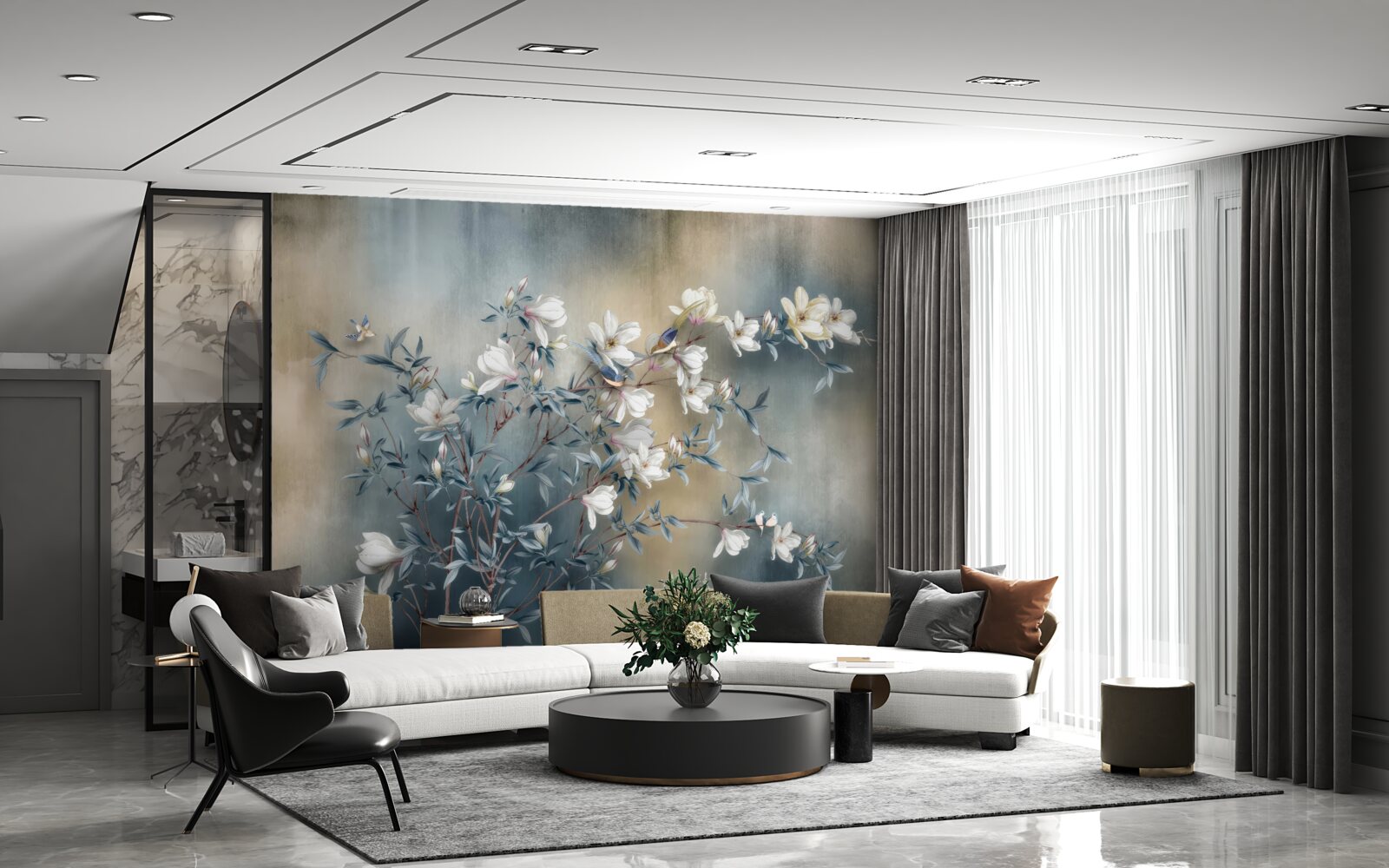 Papier peint branche couverte de fleurs blanches