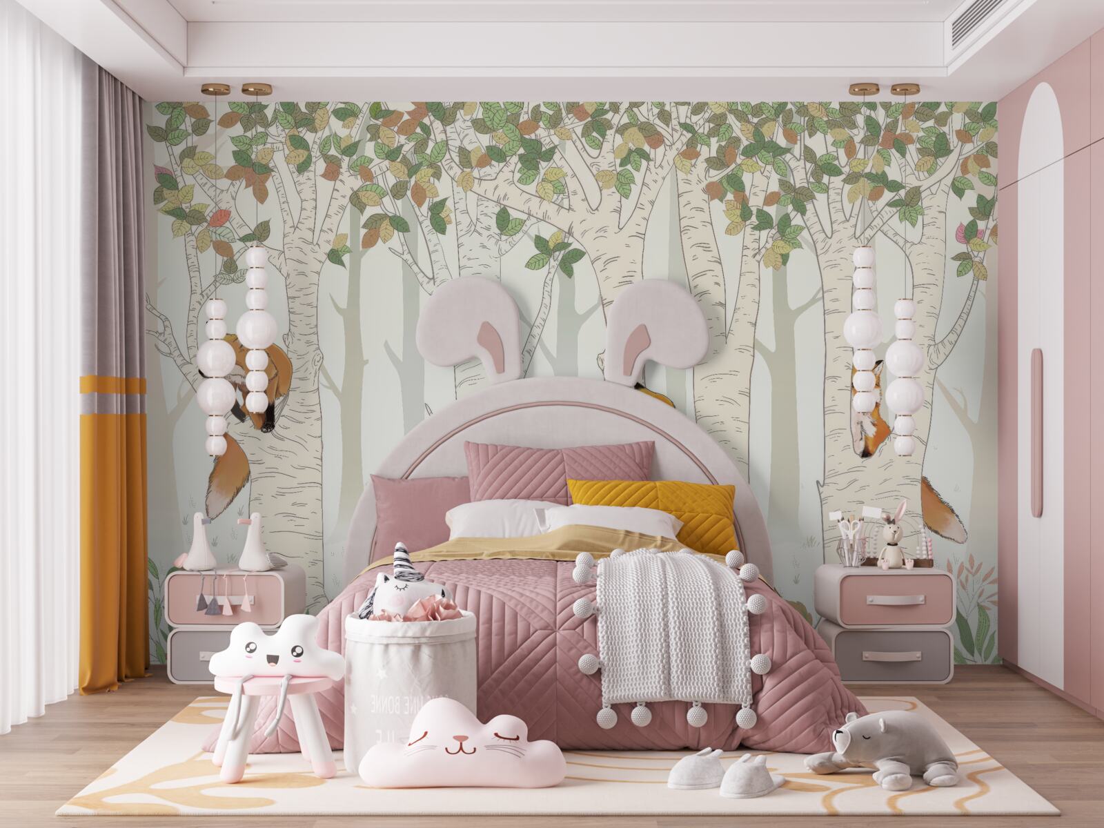 Papier peint renards parmi les branches des arbres