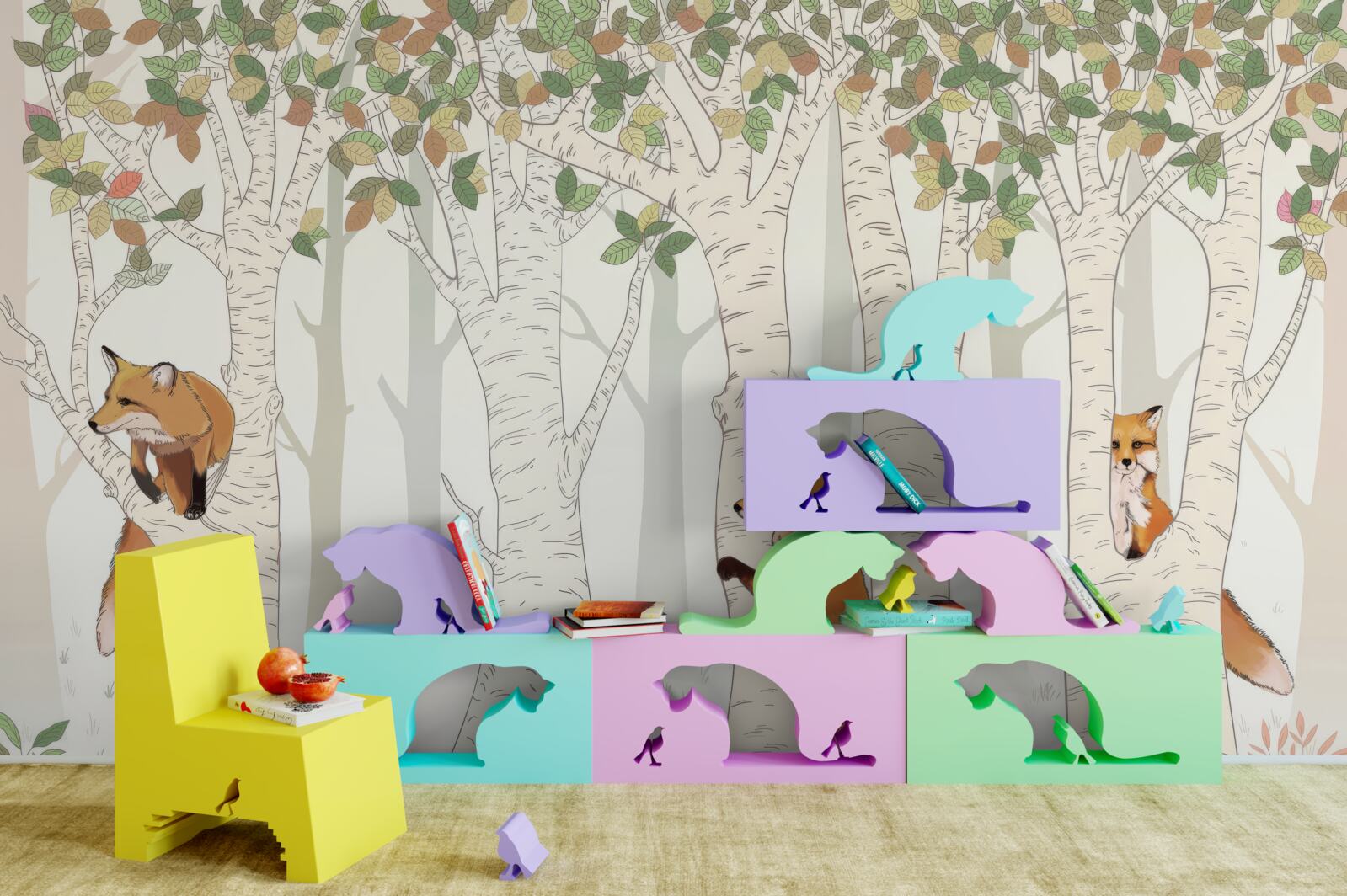 Papier peint renards parmi les branches des arbres