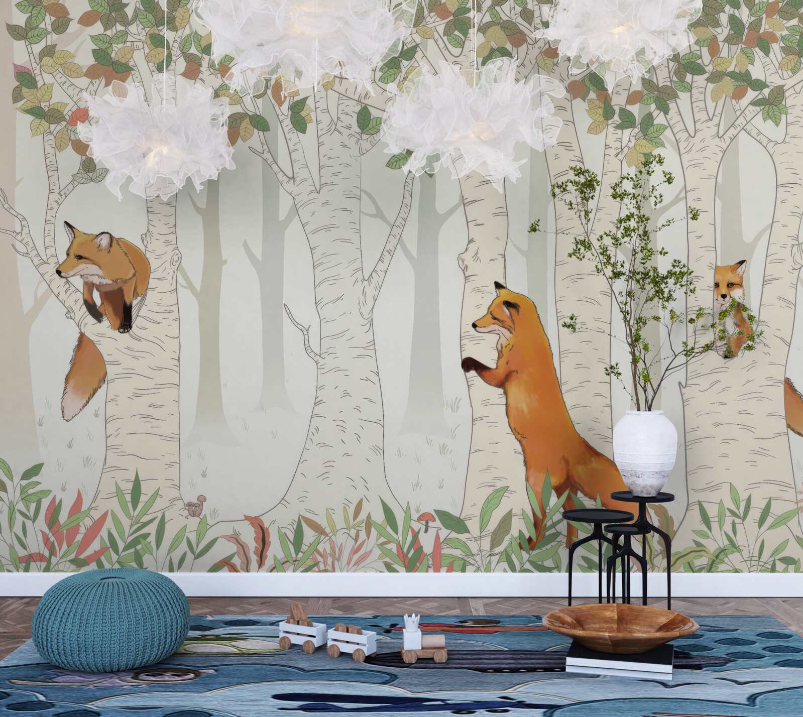 Papier peint renards parmi les branches des arbres