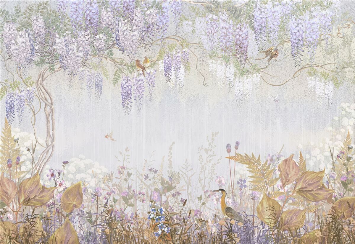 Papier peint arbre avec oiseaux et fleurs violettes