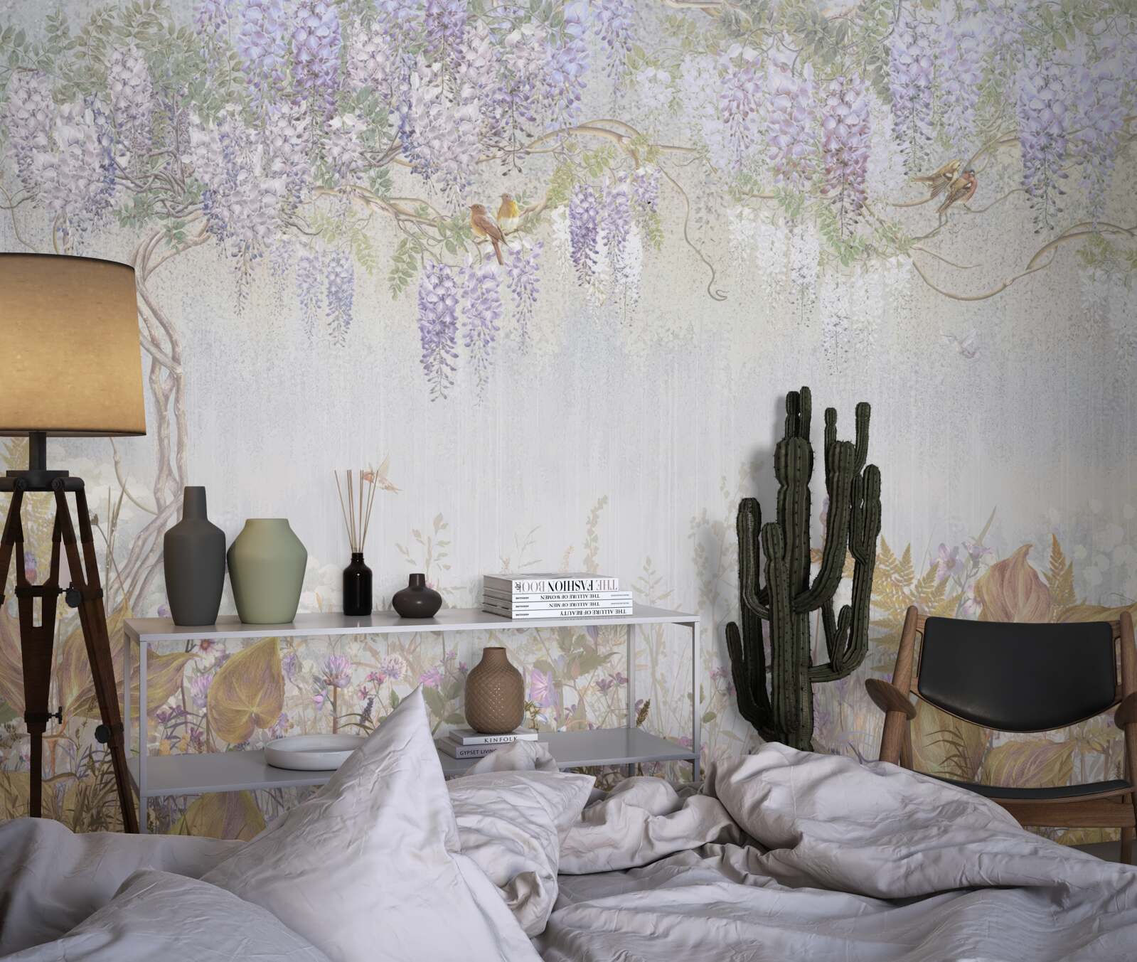 Papier peint arbre avec oiseaux et fleurs violettes