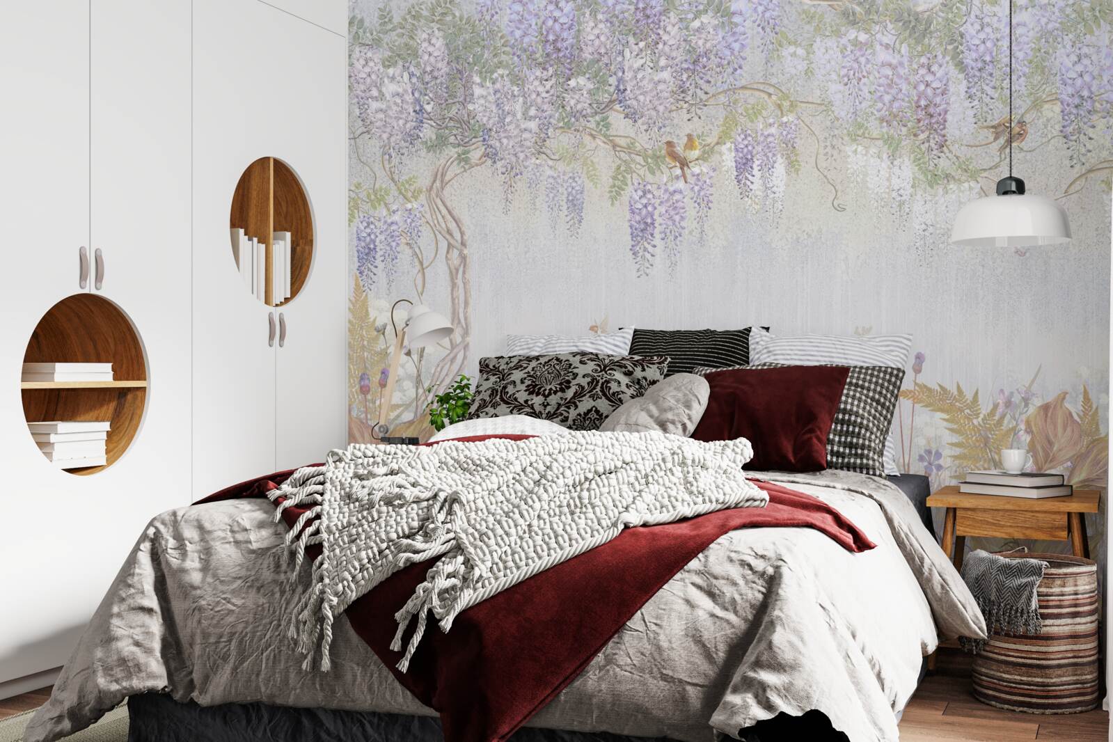 Papier peint arbre avec oiseaux et fleurs violettes