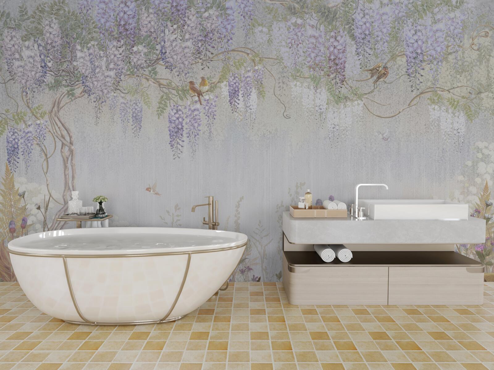 Papier peint arbre avec oiseaux et fleurs violettes