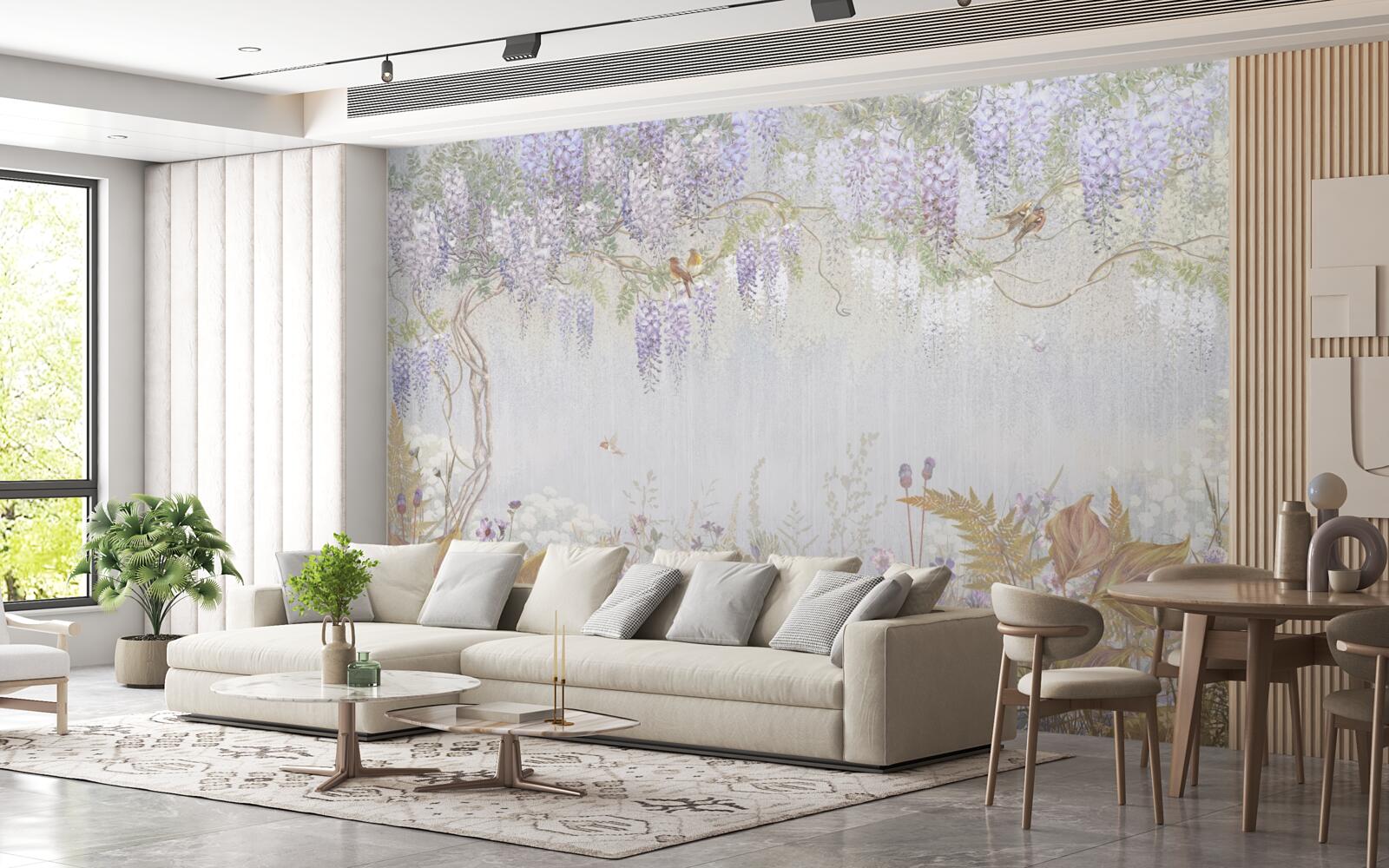 Papier peint arbre avec oiseaux et fleurs violettes