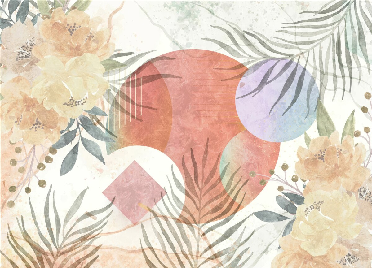 Papier peint arrière-plan avec végétation, fleurs et formes géométriques