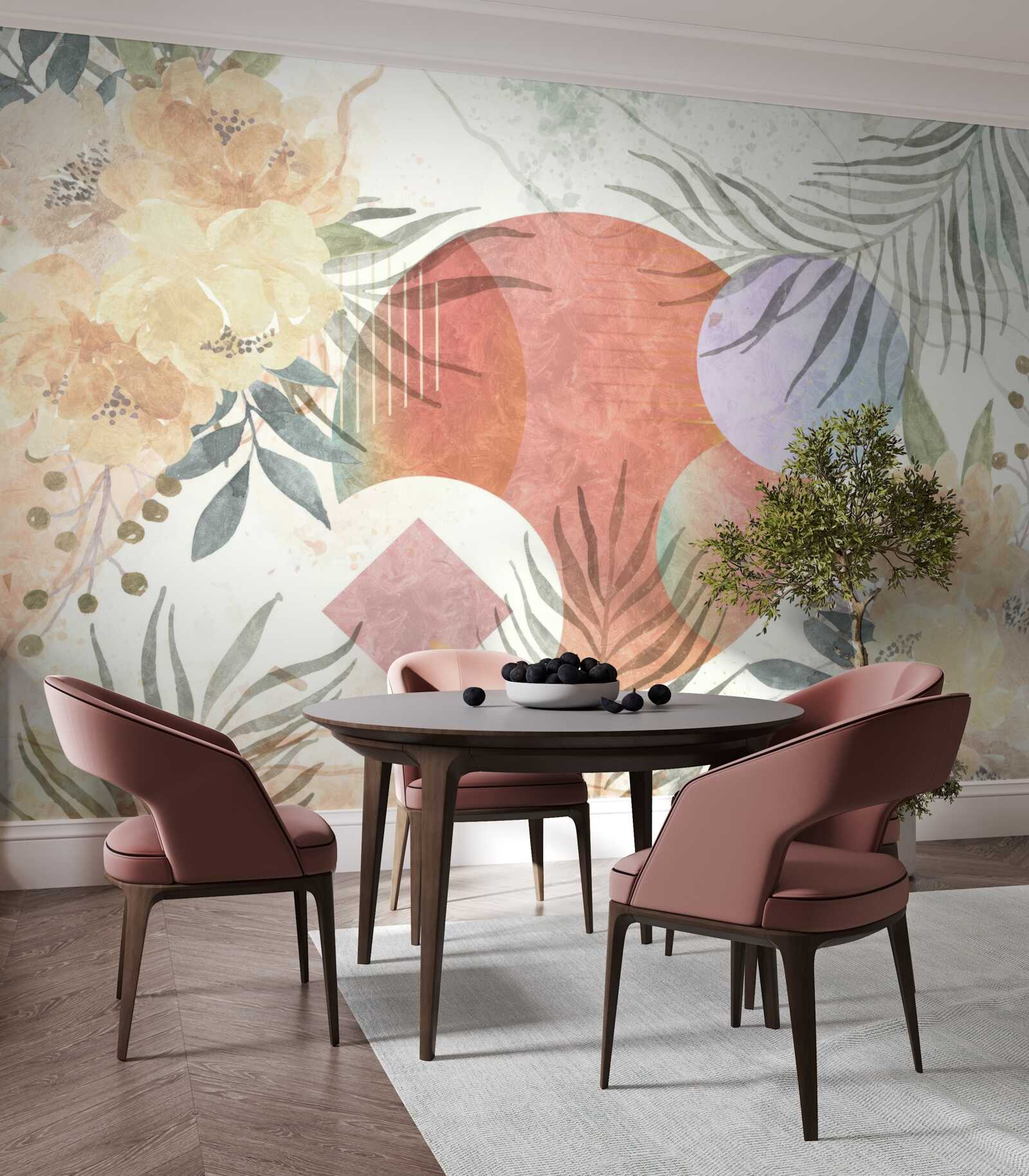 Papier peint arrière-plan avec végétation, fleurs et formes géométriques