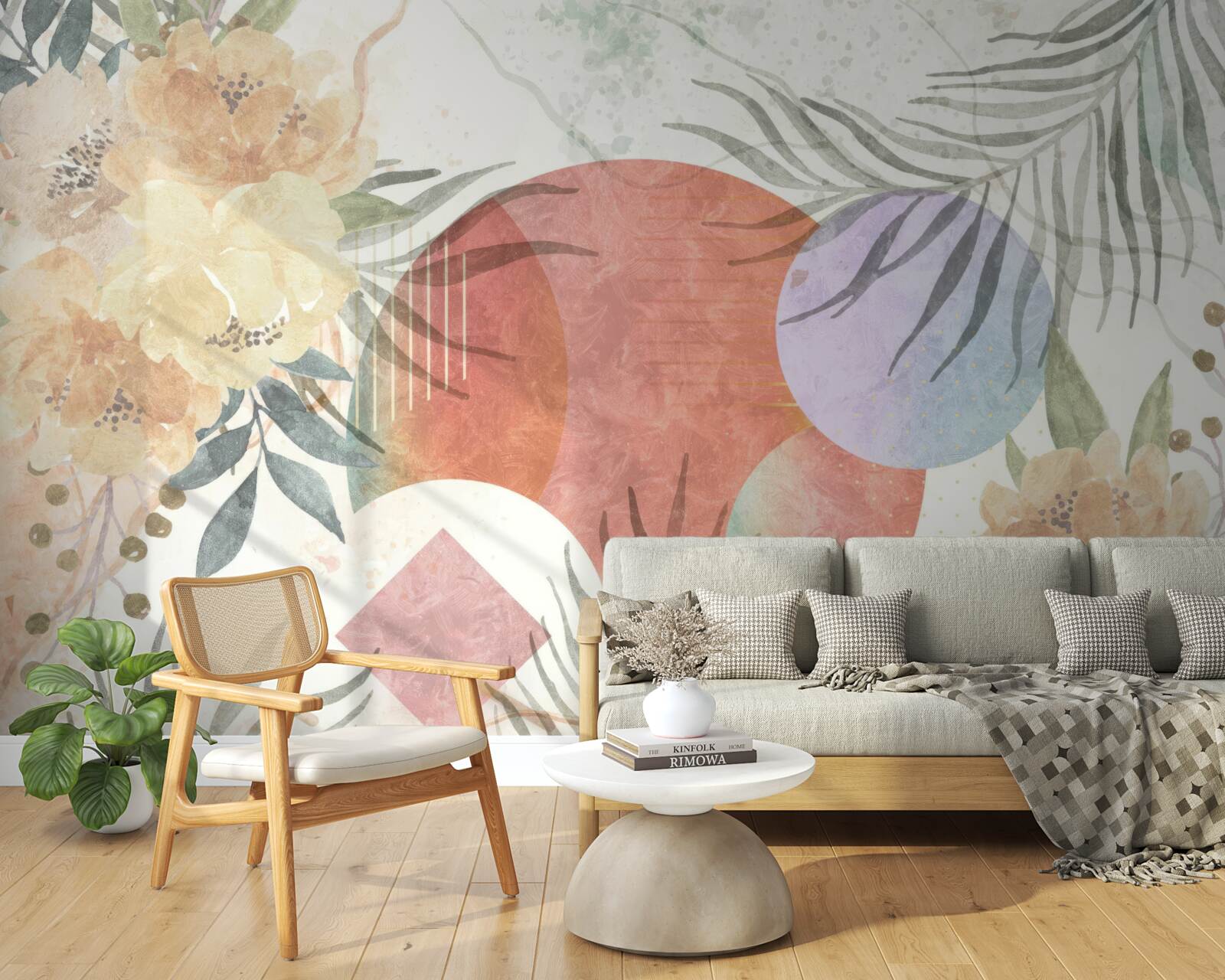 Papier peint arrière-plan avec végétation, fleurs et formes géométriques