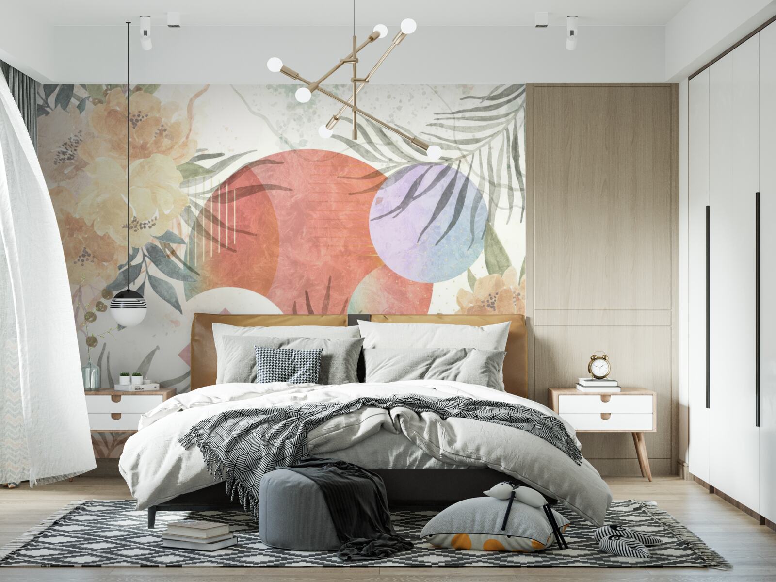 Papier peint arrière-plan avec végétation, fleurs et formes géométriques