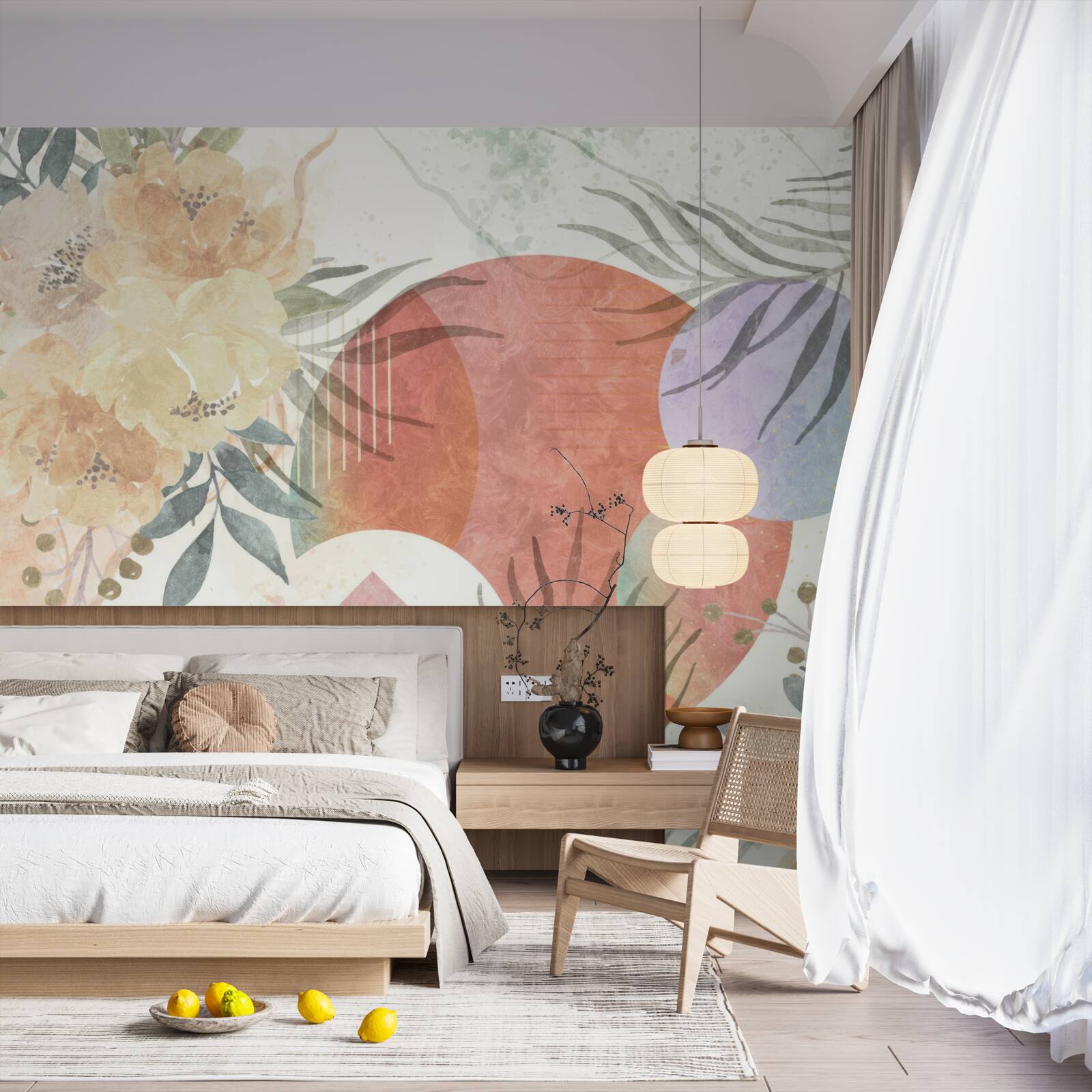 Papier peint arrière-plan avec végétation, fleurs et formes géométriques