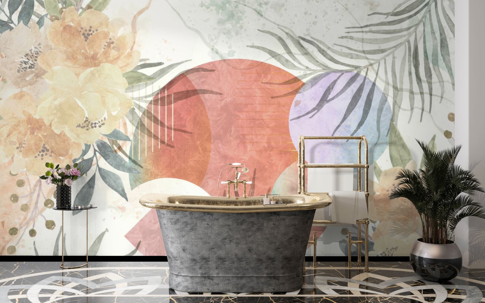 Papier peint arrière-plan avec végétation, fleurs et formes géométriques