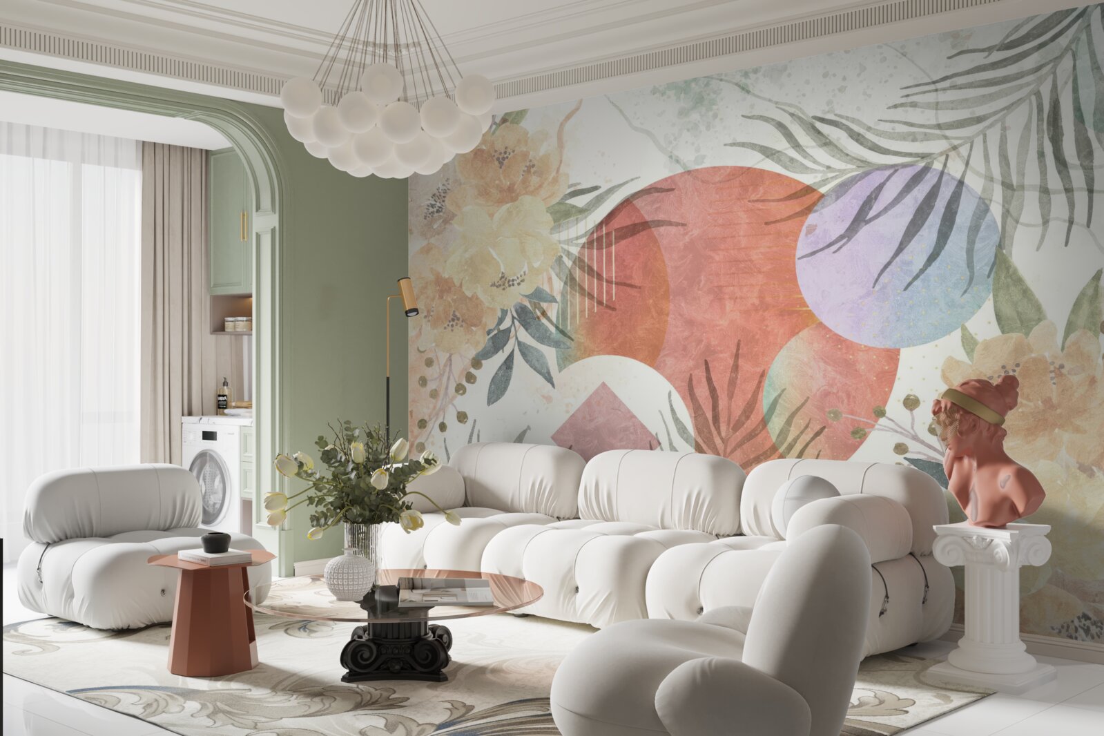 Papier peint arrière-plan avec végétation, fleurs et formes géométriques