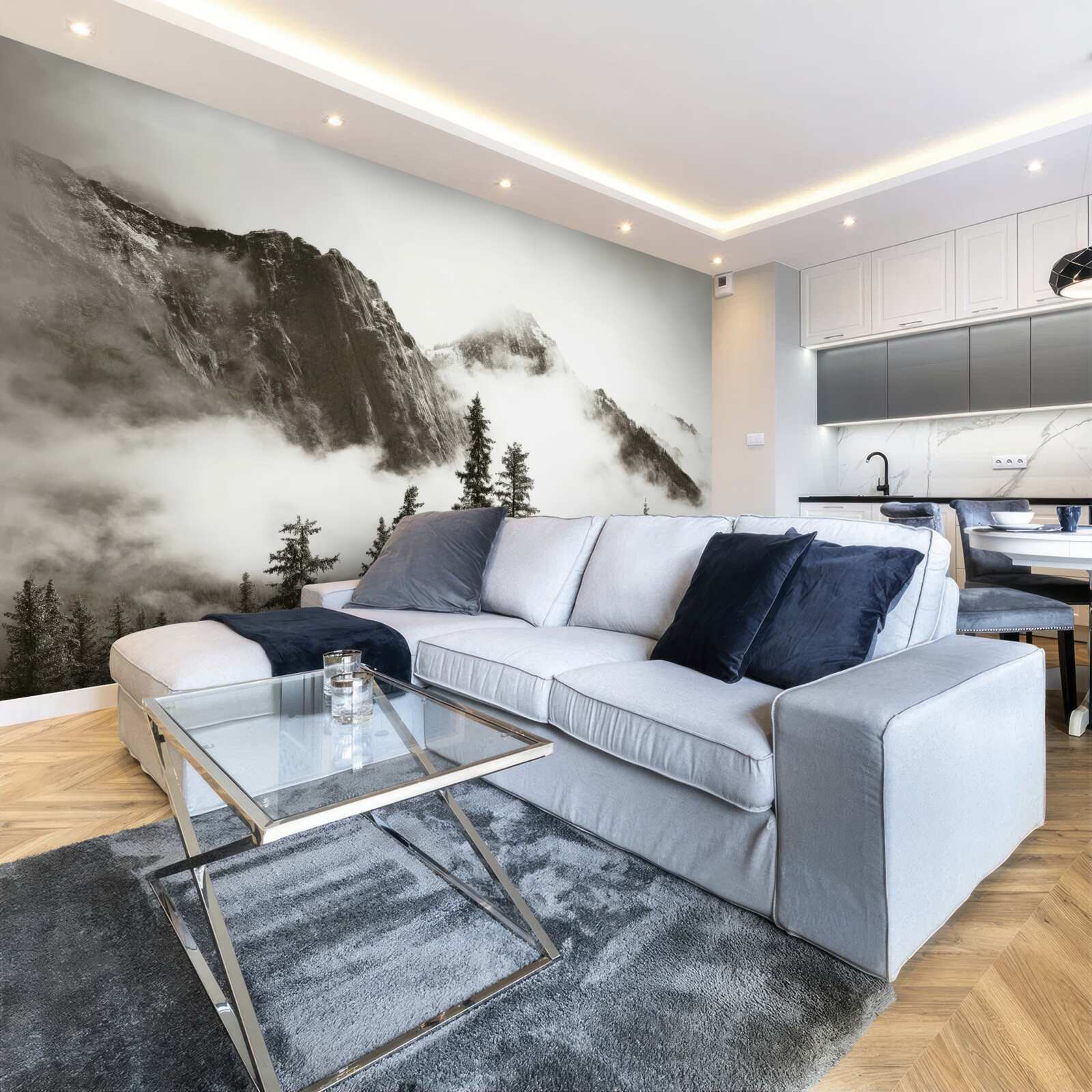 Papier peint montagnes en noir et blanc, enveloppées de brume