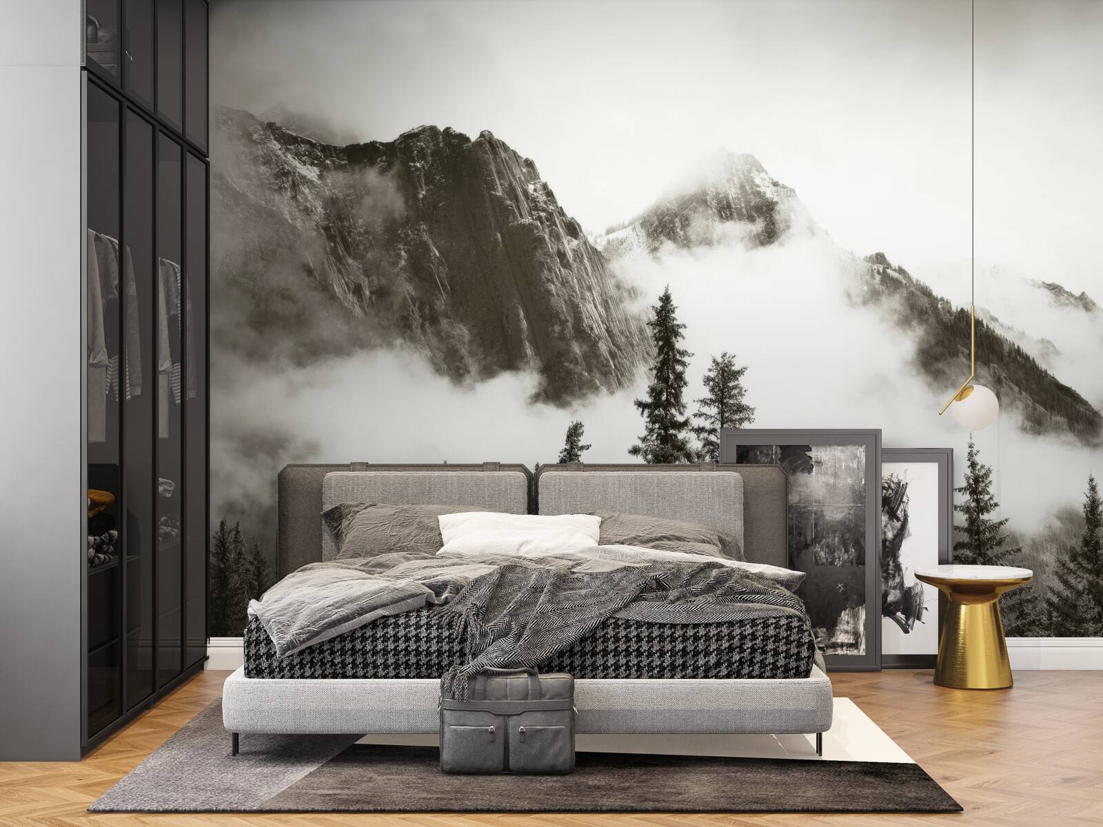Papier peint montagnes en noir et blanc, enveloppées de brume