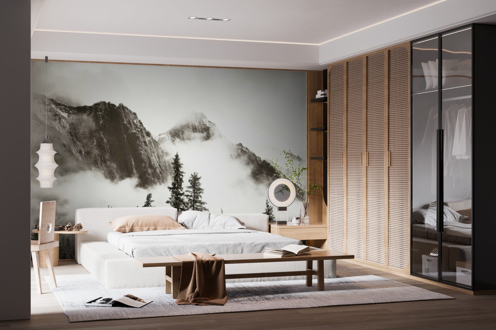 Papier peint montagnes en noir et blanc, enveloppées de brume