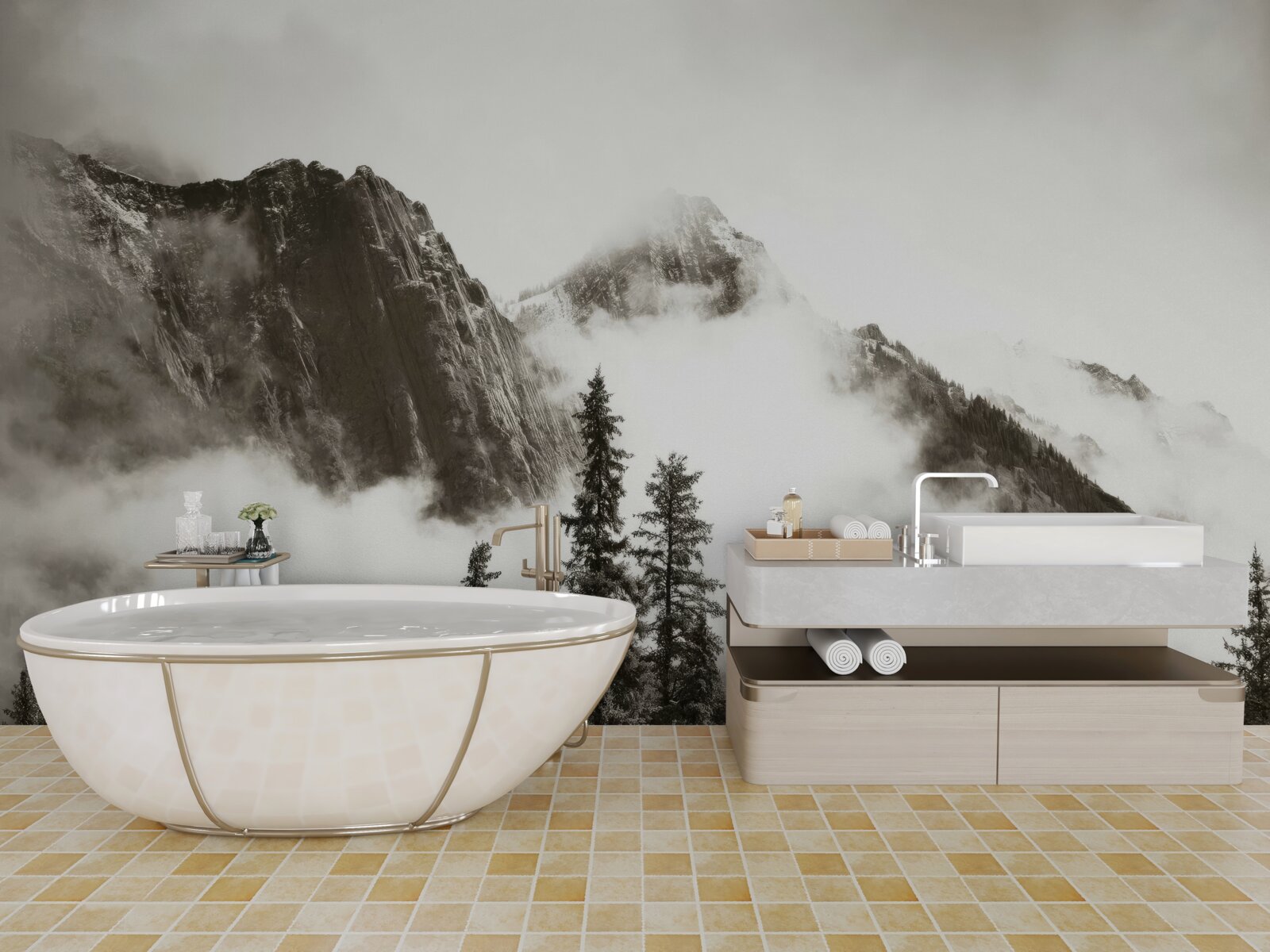 Papier peint montagnes en noir et blanc, enveloppées de brume