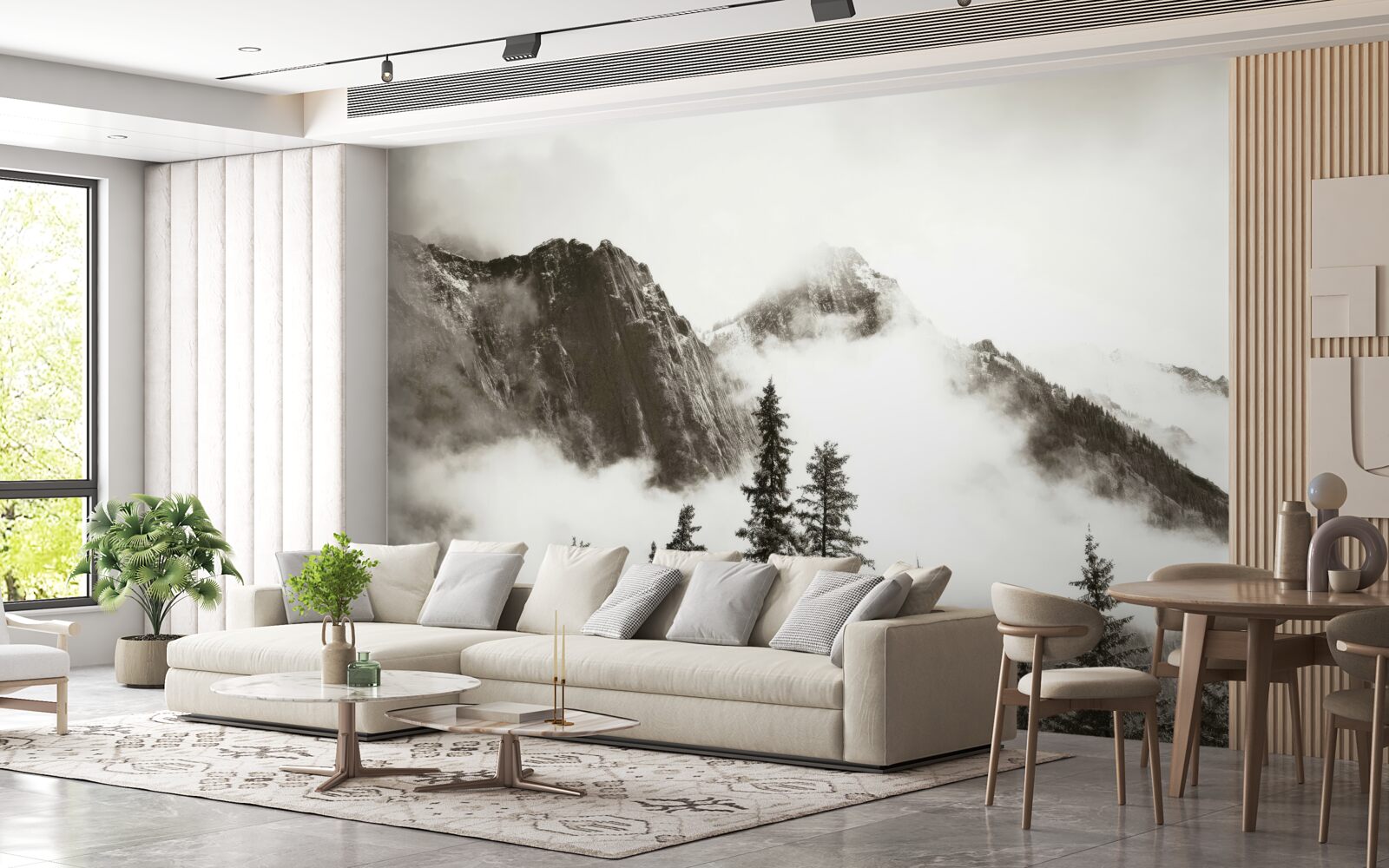 Papier peint montagnes en noir et blanc, enveloppées de brume