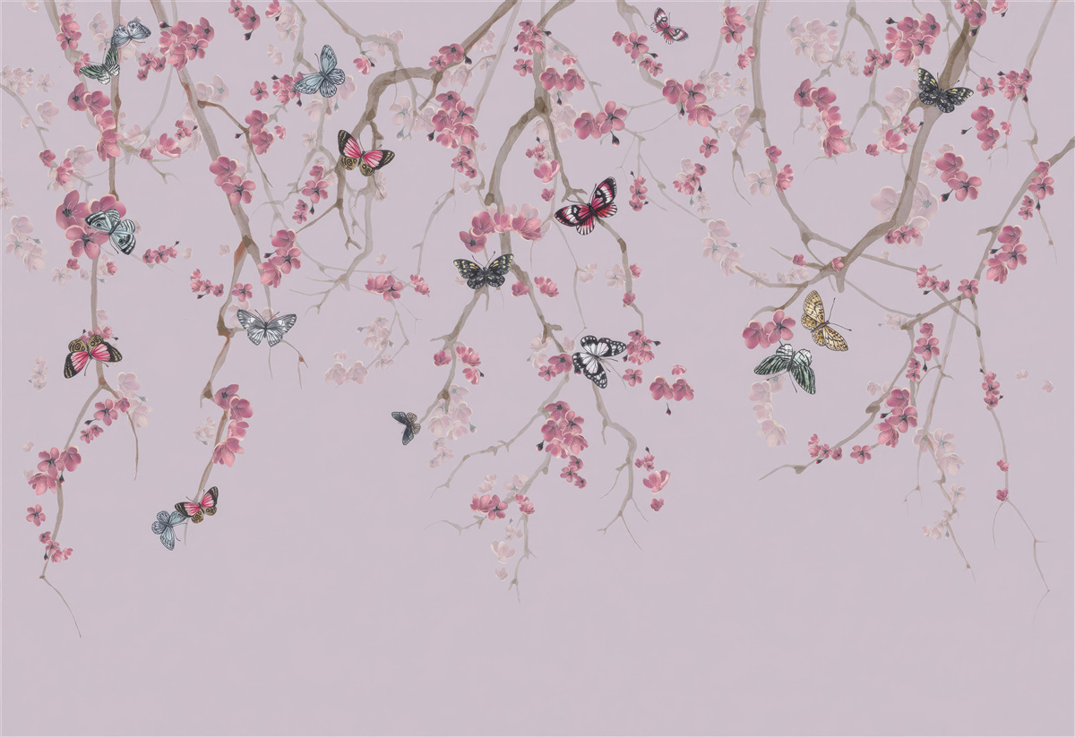 Papier peint branches avec fleurs roses et papillons