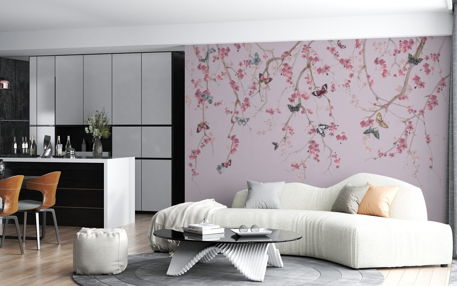 Papier peint branches avec fleurs roses et papillons