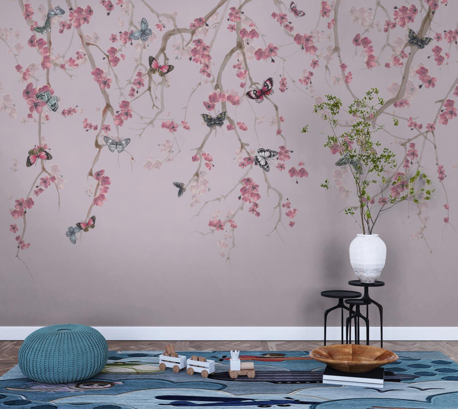 Papier peint branches avec fleurs roses et papillons